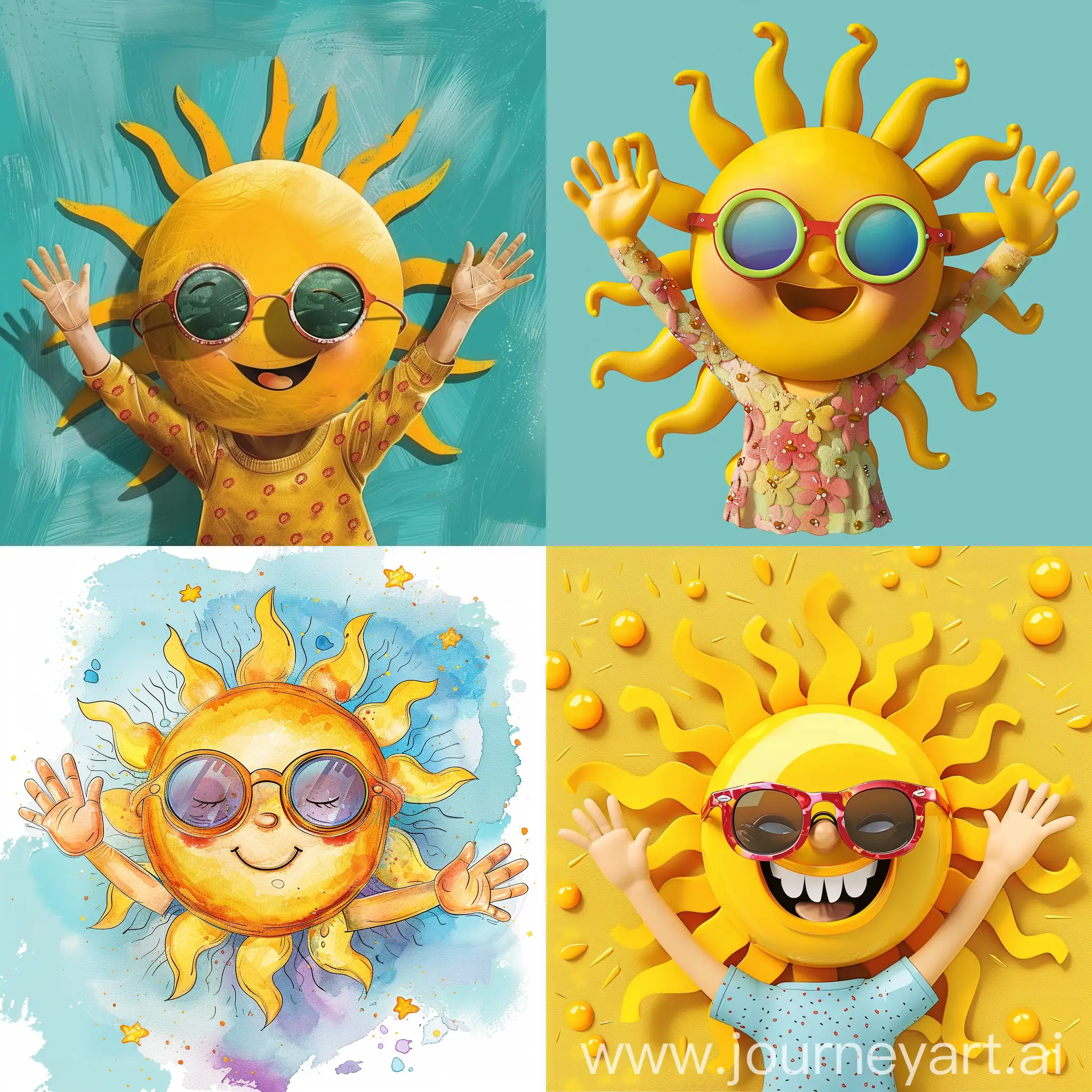 детское солнышко с солнечными очками и руками, стилизация, иллюстрация