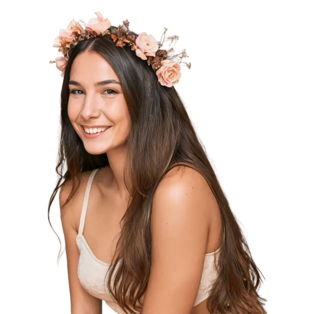 white skin Girl Glowing happy face and brown flowers on her head
