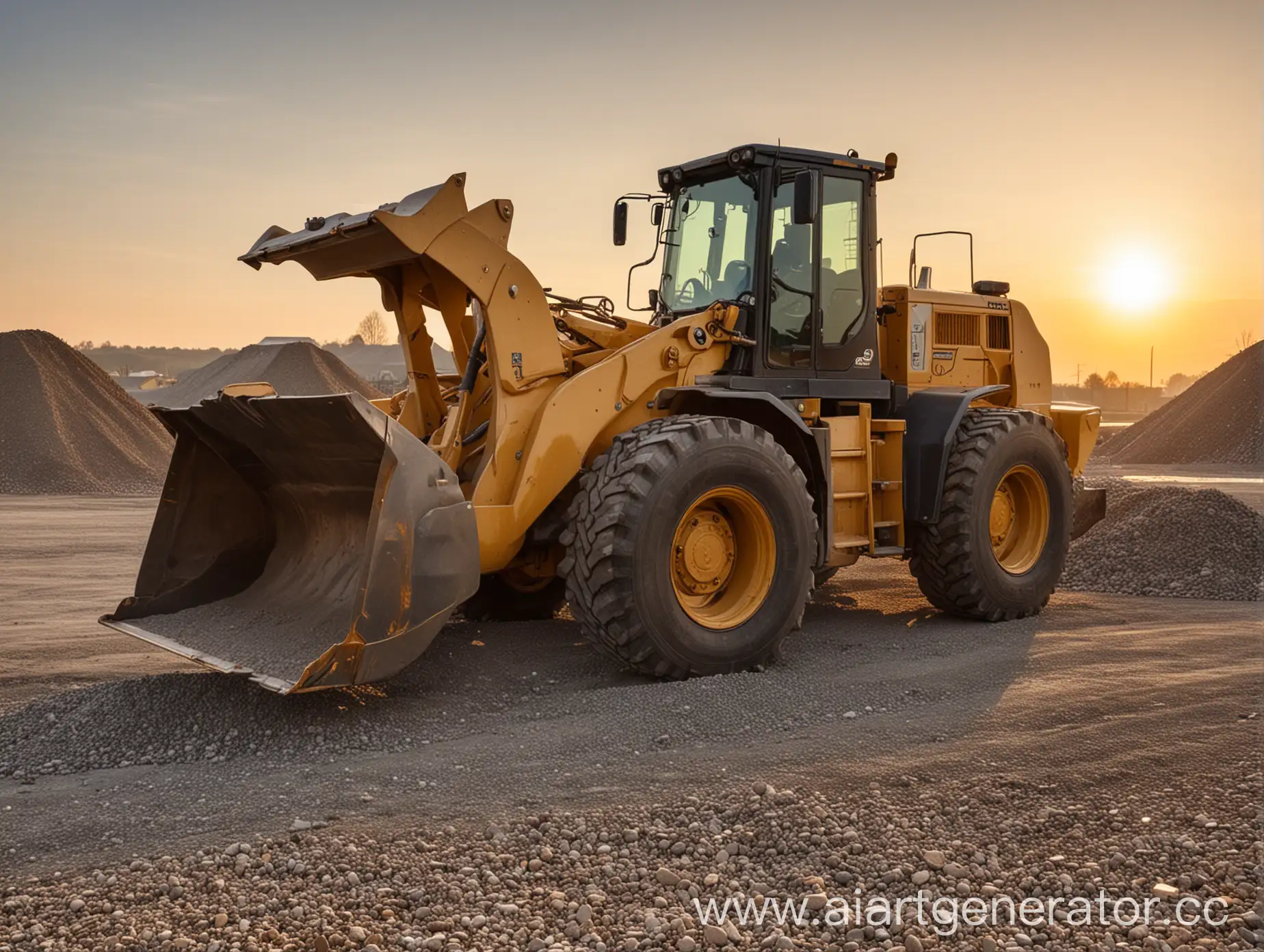 FrontEnd-Loader-at-Sunset-with-Lowered-Bucket-Near-Gravel-Pile