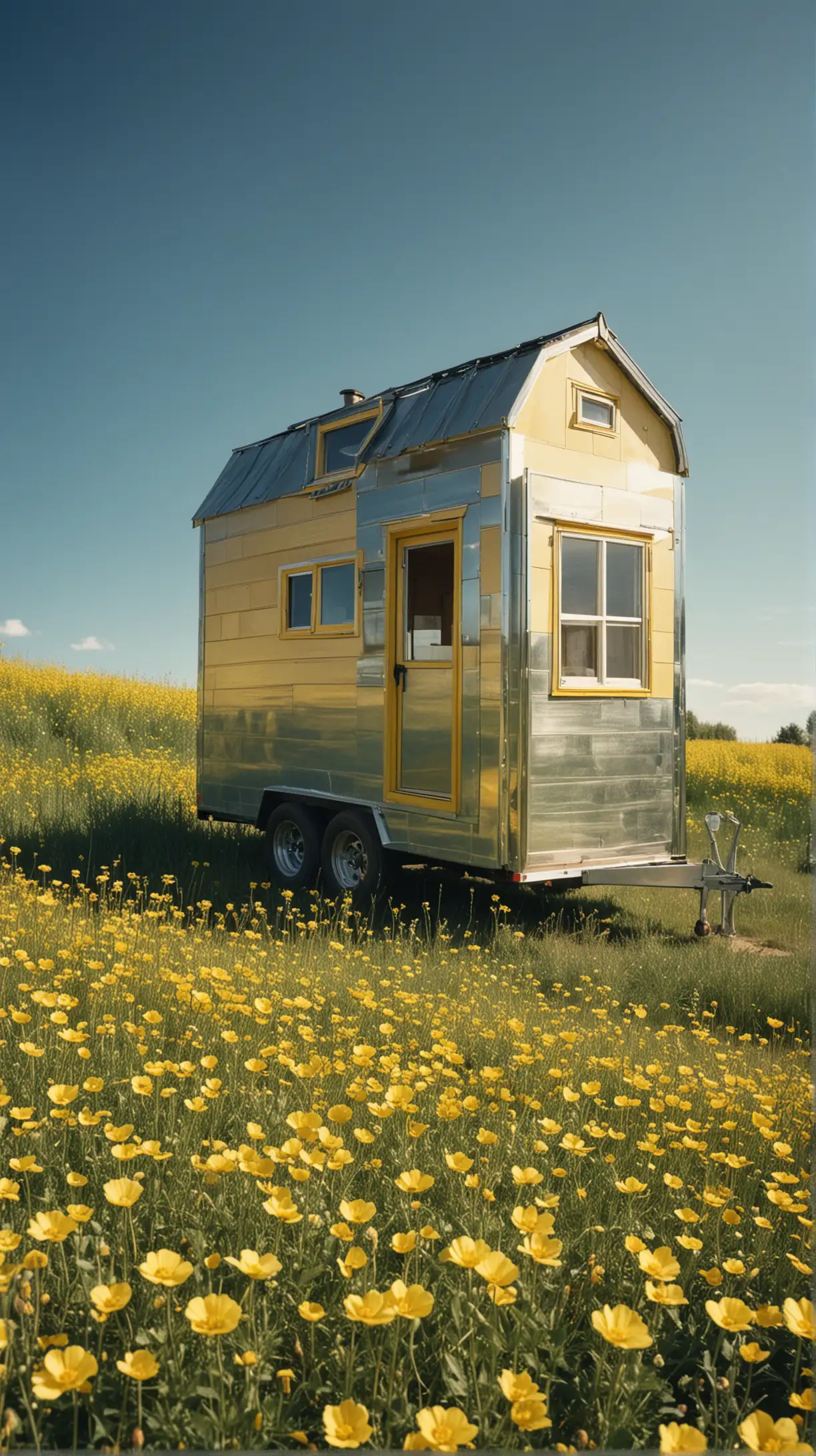 tiny house made in chrome, standing in a field of yellow flowers, blue sky, photography taken with an old camera lika Hasselblad 500c, picture taken with filmroll Portra 400, with some grain, ultra realistic photography