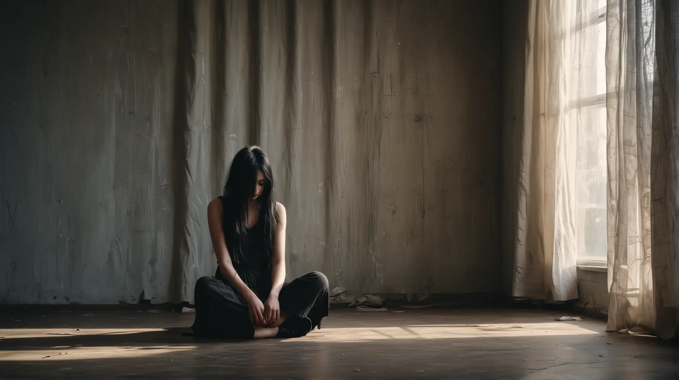 girl sitting side without face with black hair, grunge atmosphere, in a large empty room, light from the window with curtains