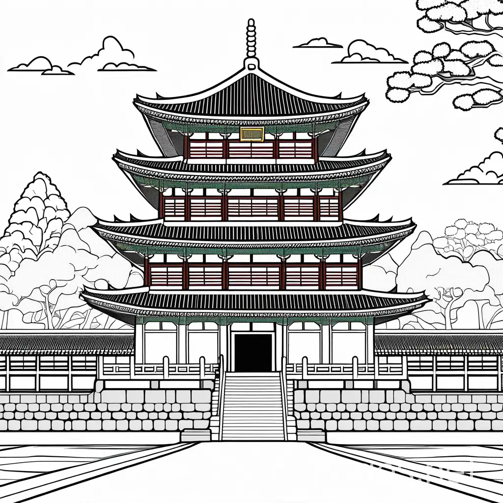 Gyeongbokgung-Palace-Coloring-Page-Simple-Line-Art-on-White-Background