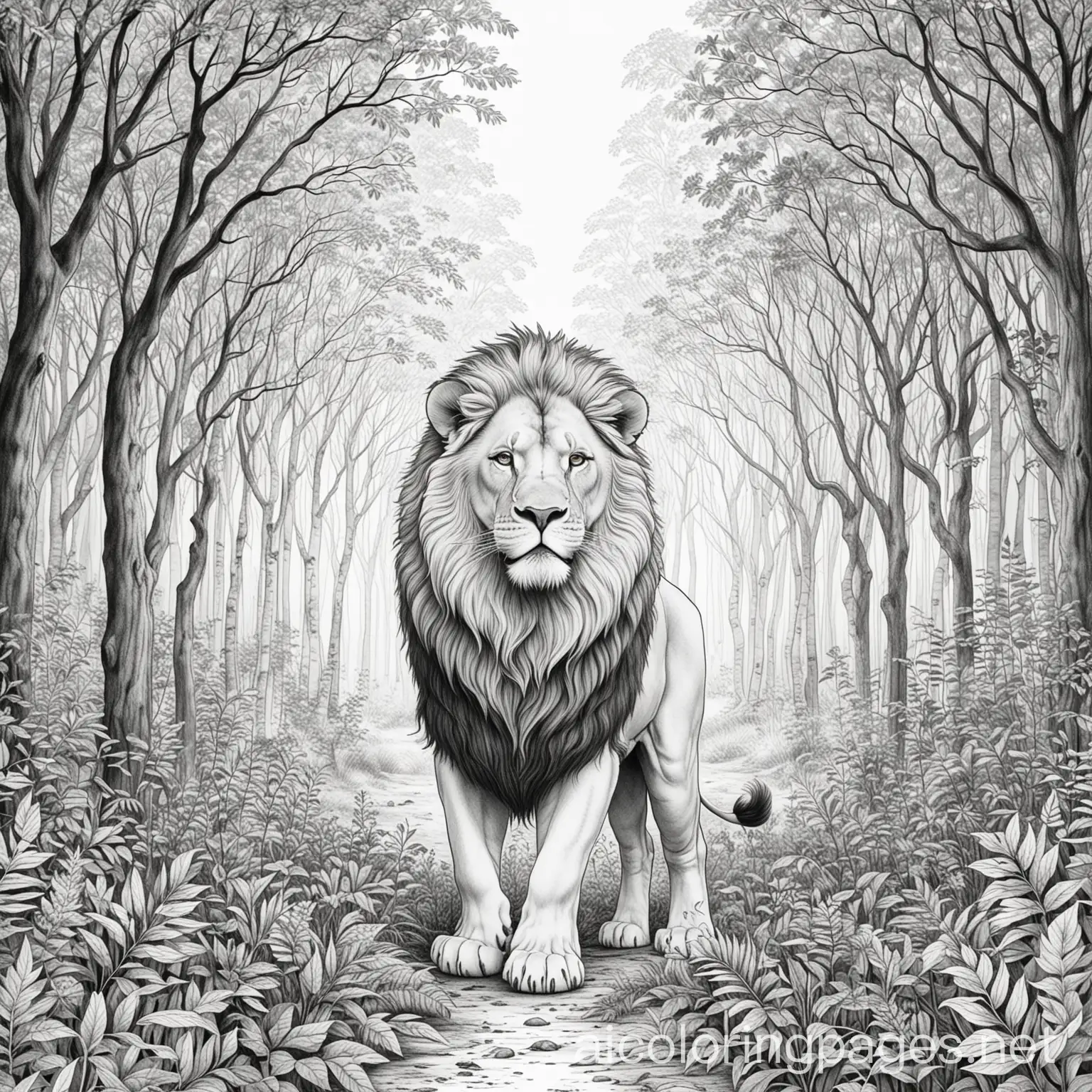 A THICK FOREST WITH A LION IN IT, Coloring Page, black and white, line art, white background, Simplicity, Ample White Space. The background of the coloring page is plain white to make it easy for young children to color within the lines. The outlines of all the subjects are easy to distinguish, making it simple for kids to color without too much difficulty