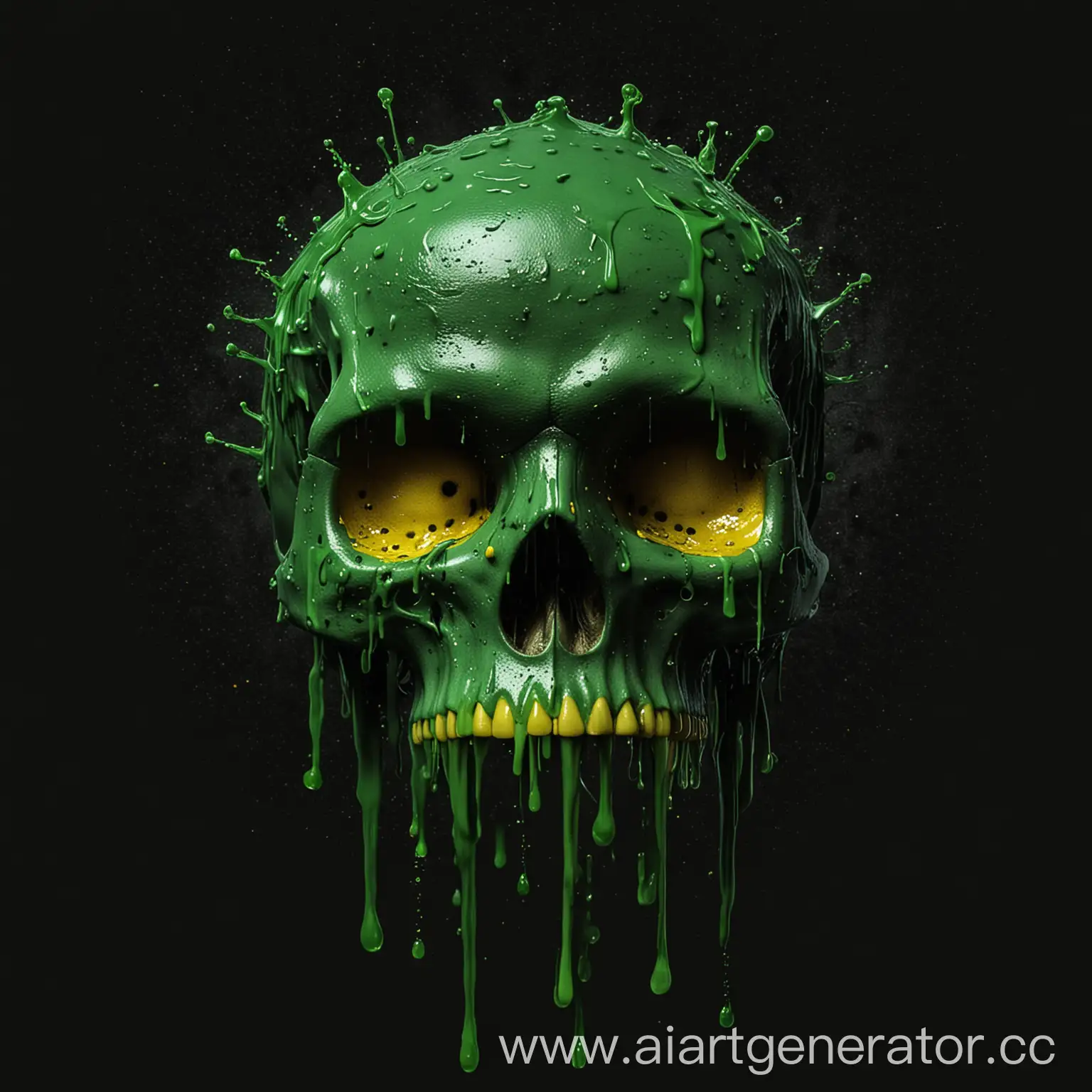 A green skull with yellow eyes and a black background. The skull is dripping a green liquid.
