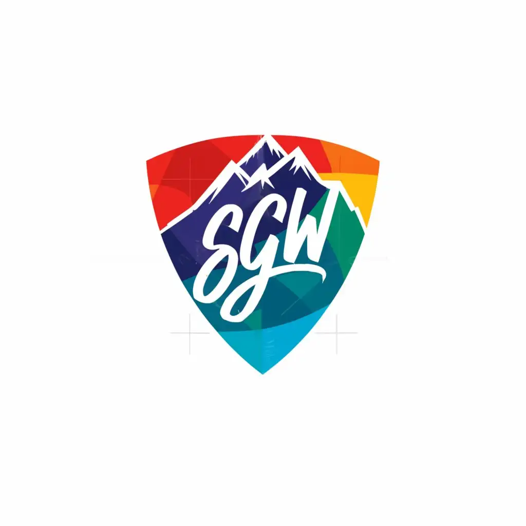 a logo design,with the text "sgw", main symbol:colorful shield with mountain, cursive, white background,Minimalistic,be used in Travel industry,clear background