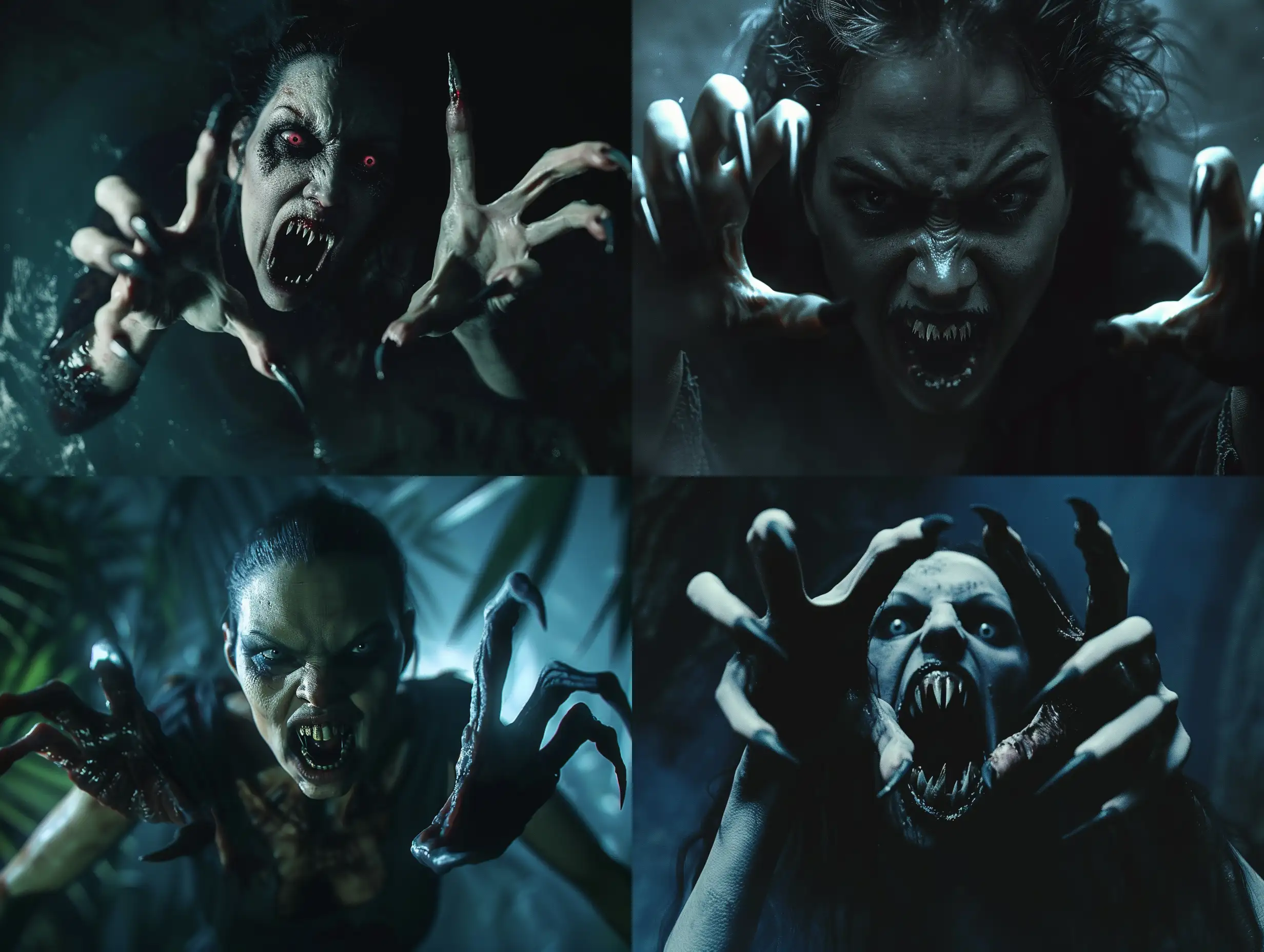A photorealistic scene of a wild, monstrous vampire woman emerging from the darkness, with an eerie and haunting atmosphere. The vampire has extra long pointed fingernails on each hand, resembling the claws of a predator, and her mouth is threateningly open, revealing terrible teeth that look like fangs. She appears as if she climbed out of the grave, with hyper-realistic details such as full anatomical precision and highly textured features. The scene is cinematic, with intense and atmospheric lighting that emphasizes the smallest details, creating a realistic and aggressive dark atmosphere. The focus is on creating a high-quality, hyper-realistic portrayal of this undead creature, ensuring that every aspect is detailed and textured to convey a sense of horror and terror. The aim is to generate a night-time scene that is truly creepy, spooky, and terrifying while maintaining realistic anatomy and flawless execution