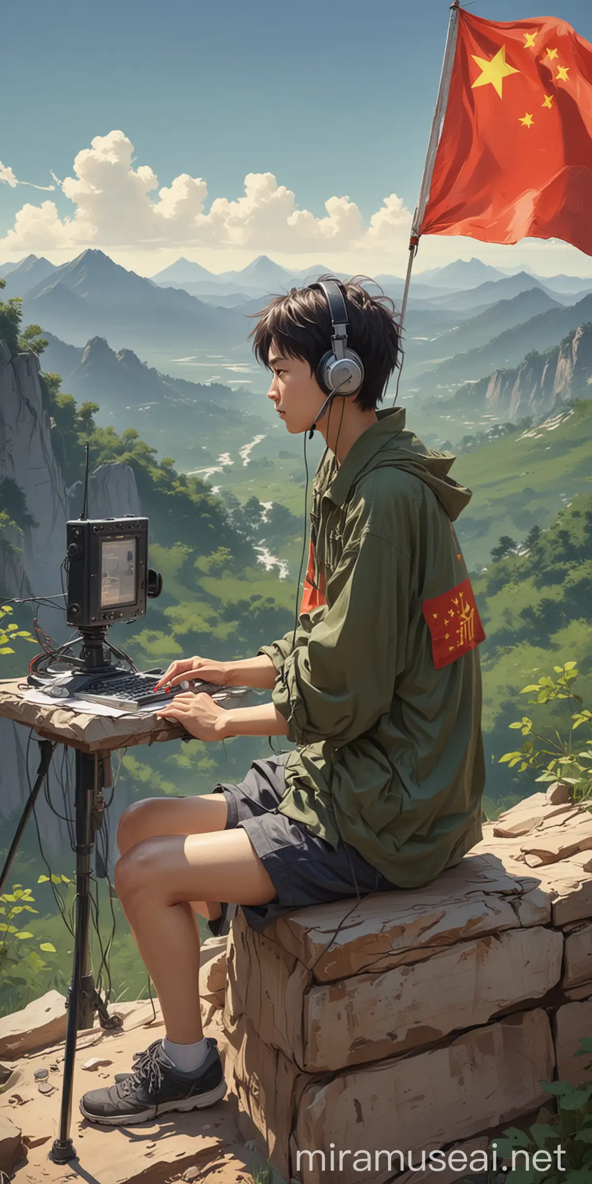 一个中国人在野外使用业余无线电台，人物穿休闲服，坐姿，有一面中国国旗，二次元，抽象卡通风格，人物在很远的地方，最好画质