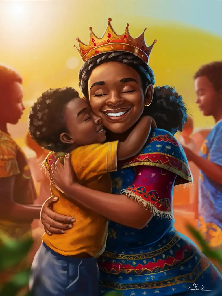 Digital lit king of an ethnic mother embracing her child in a warm hug, with both of them closing their eyes in a moment of peace and gratitude, symbolizing the unconditional love and acceptance that a Christian mother offers to her child.