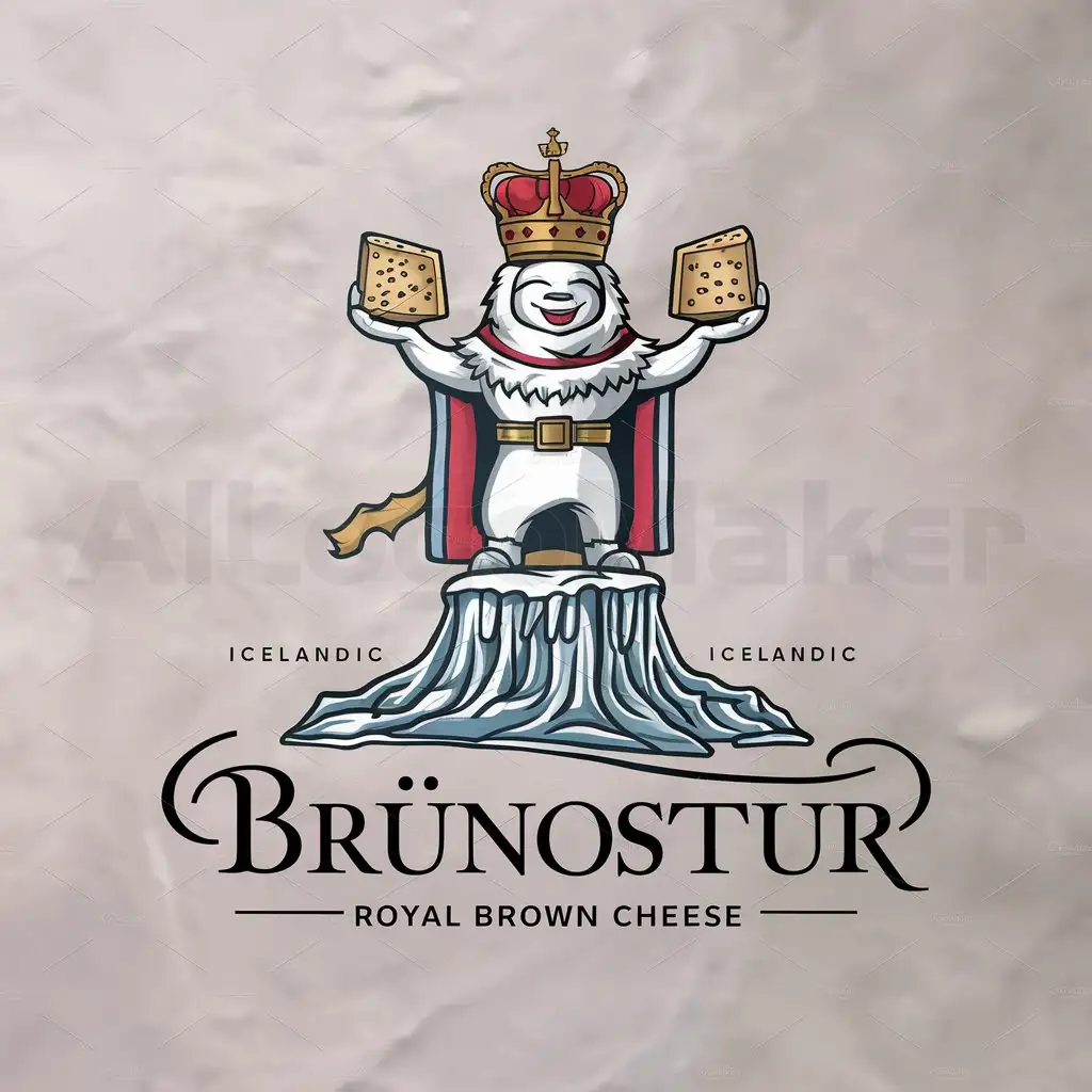 a logo design,with the text "Royal Brown Cheese", main symbol:A royal eskimo in an Icelandic Geyser with slices of Brunost. A royal crown must be in and a Icelandic and dutch flag. The name Brúnostur must be in it.,complex,be used in Sports Fitness industry,clear background