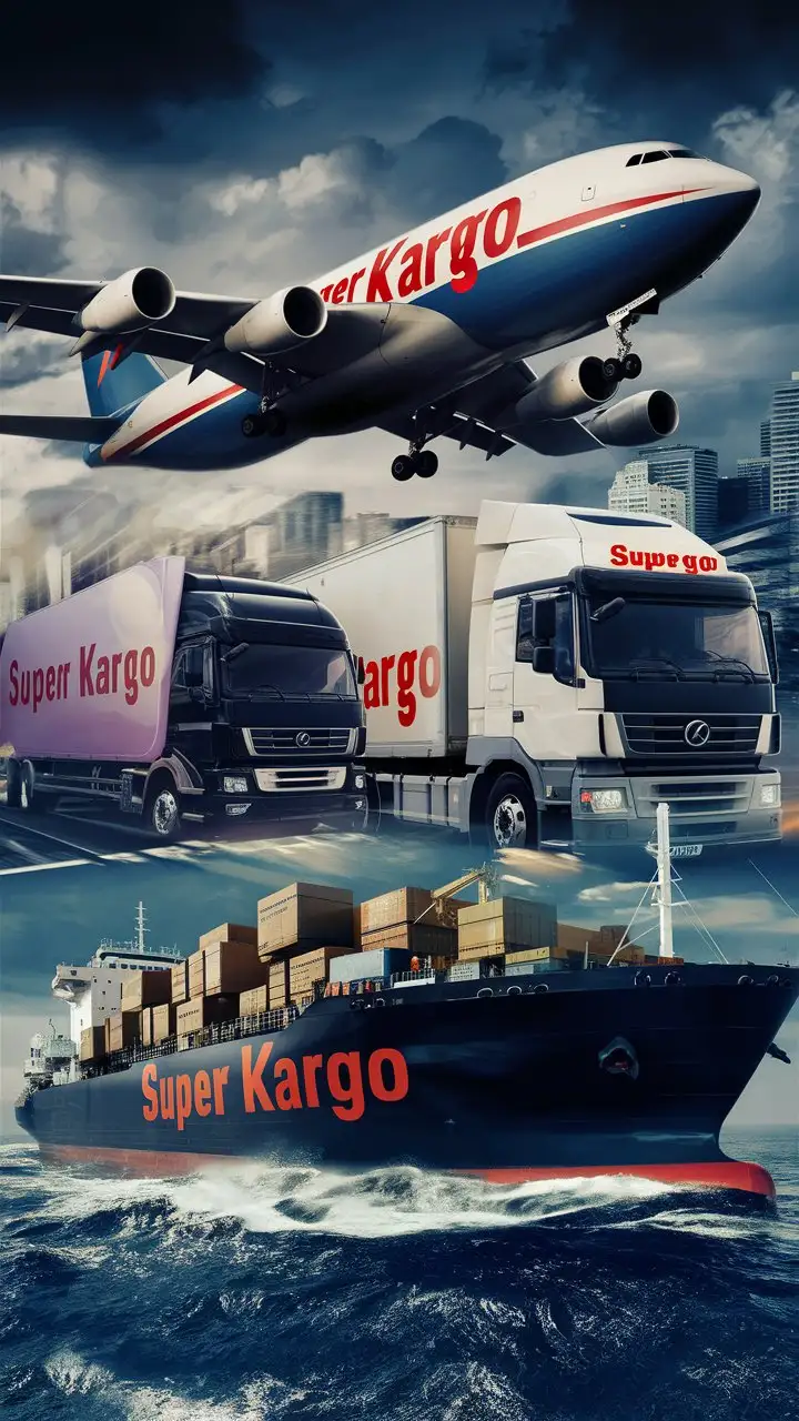THERE IS THE TEXT "SUPER KARGO" on the logistics plane, truck and ship.