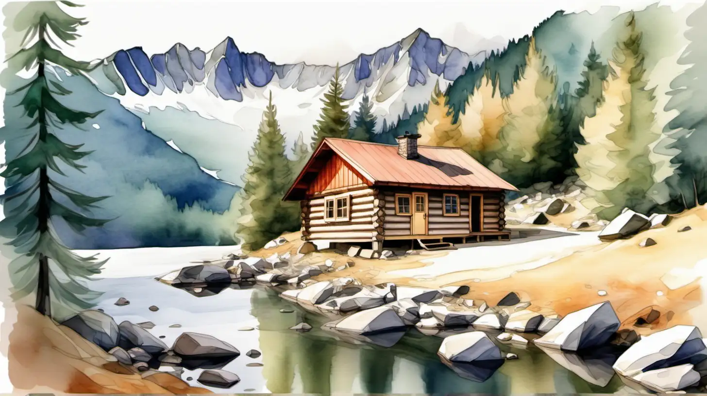 Serene Watercolor Painting of a Rustic Mountain Cabin