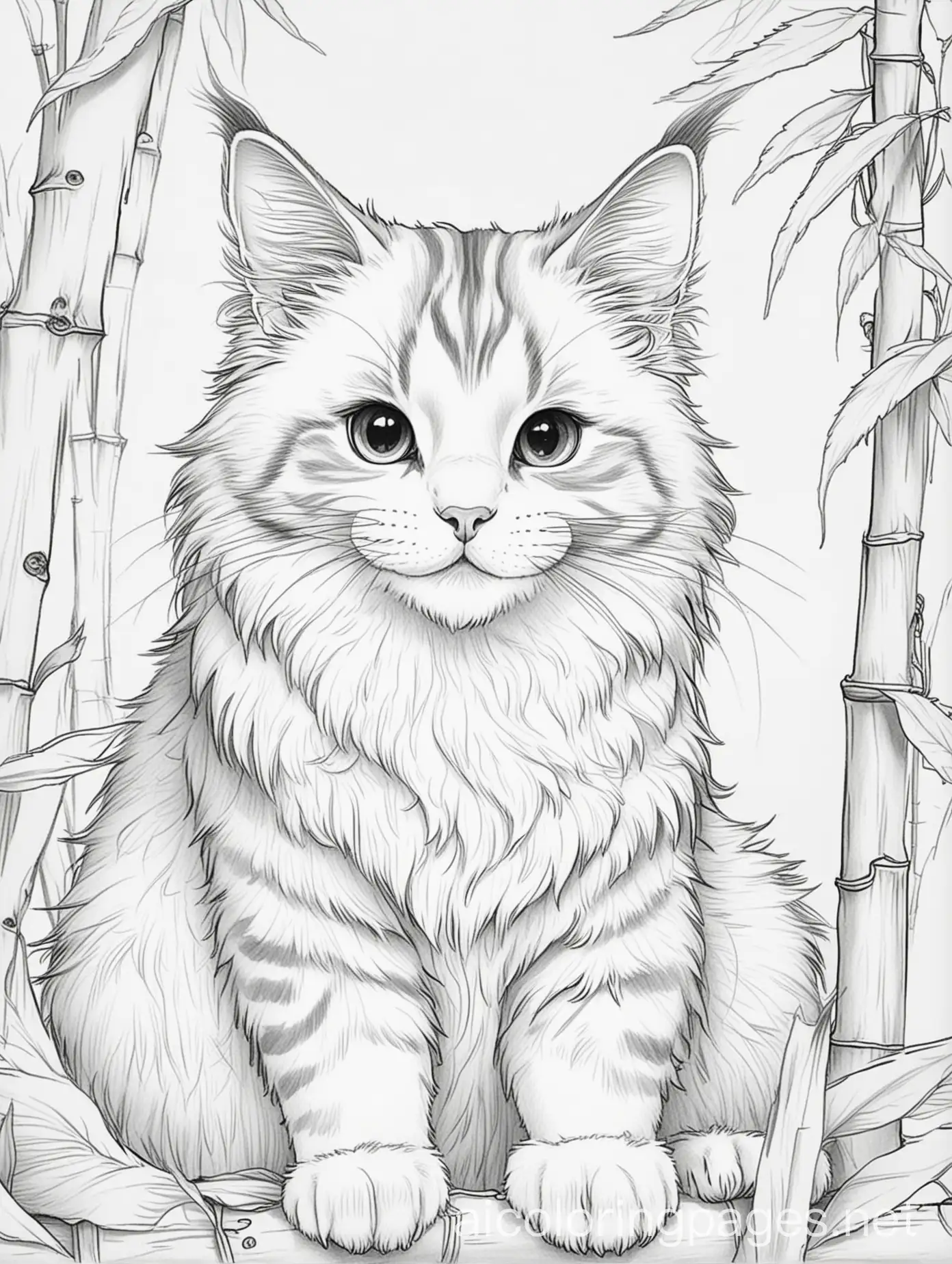 cute kawaii maine coon cat smiling and eating bamboo, Coloring Page, black and white, line art, white background, Simplicity, Ample White Space. The background of the coloring page is plain white to make it easy for young children to color within the lines. The outlines of all the subjects are easy to distinguish, making it simple for kids to color without too much difficulty, Coloring Page, black and white, line art, white background, Simplicity, Ample White Space. The background of the coloring page is plain white to make it easy for young children to color within the lines. The outlines of all the subjects are easy to distinguish, making it simple for kids to color without too much difficulty