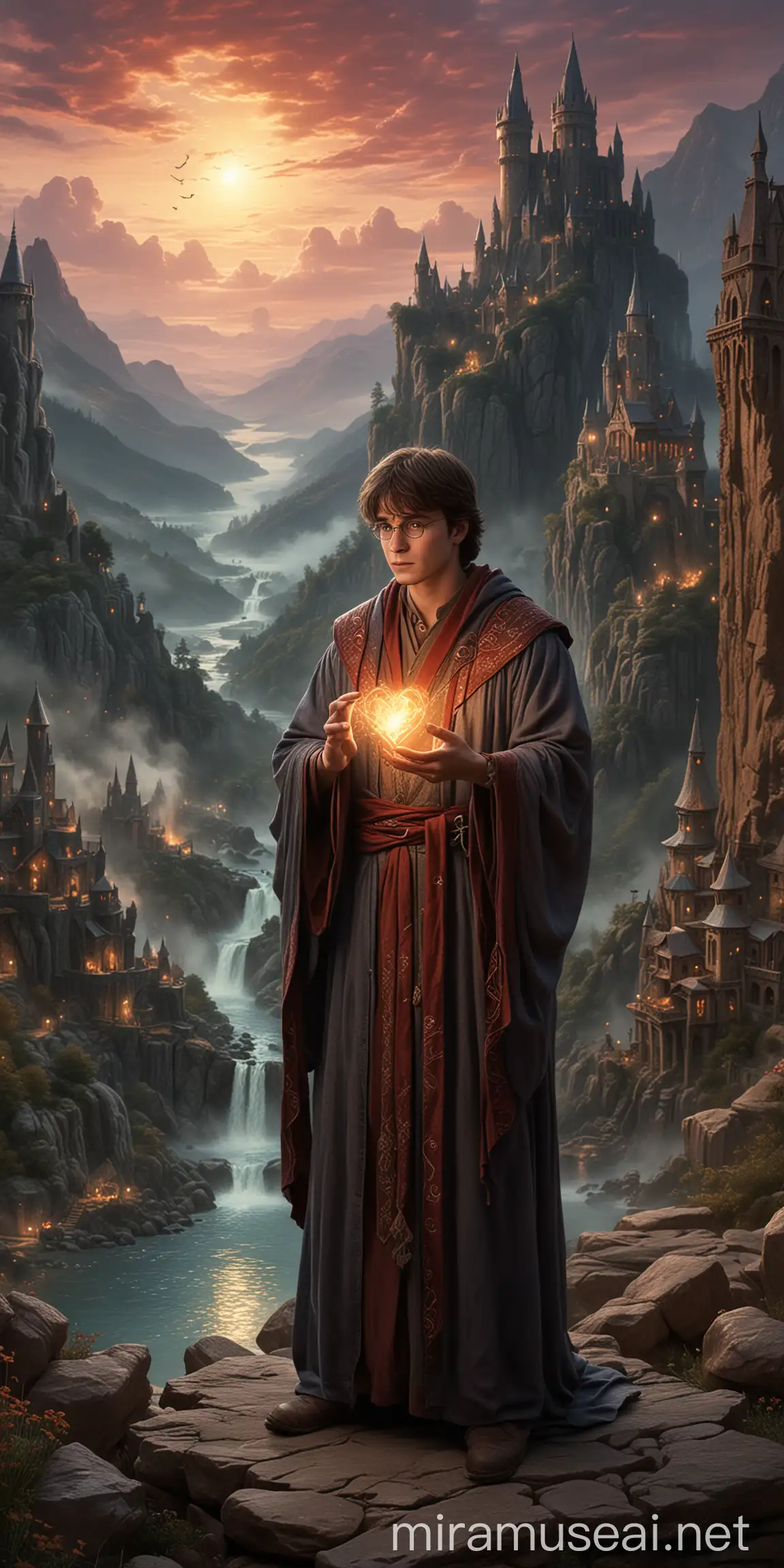 The main character of the image is the wizard Harry Potter holding a heart. This wizard is depicted with distinct features that evoke a sense of fantasy and magic.
The background of the image is reminiscent of a mythical realm from Game of Thrones, particularly with elements from House of the Dragon. This setting enhances the mystical atmosphere, combining ancient architecture and dramatic landscapes.
the background is rich in detail: rocky mountains, cascading waterfalls and ancient ruins are bathed in a magical twilight glow. These elements create a charming and mysterious atmosphere for the scene. The style is illustrative and fantastical, with bright colors that highlight the wizard's robes and the heart he holds, contrasting with the darker, more muted tones of the background. This color scheme highlights the central figure and creates visual interest.
Action/items: The wizard is in a contemplative pose, gently clutching a glowing heart that emits a soft ethereal light. The heart symbolizes love and magic, adding depth to the narrative of the image.
Costume/Appearance: The wizard's costume is an intricate robe adorned with mystical symbols and designs that enhance his magical aura. His appearance is charismatic and mysterious, captivating viewers into a fantasy world.
In addition to the heart, the wizard carries a wand at his side, which further emphasizes his magical prowess and adds a touch of authenticity to his character.