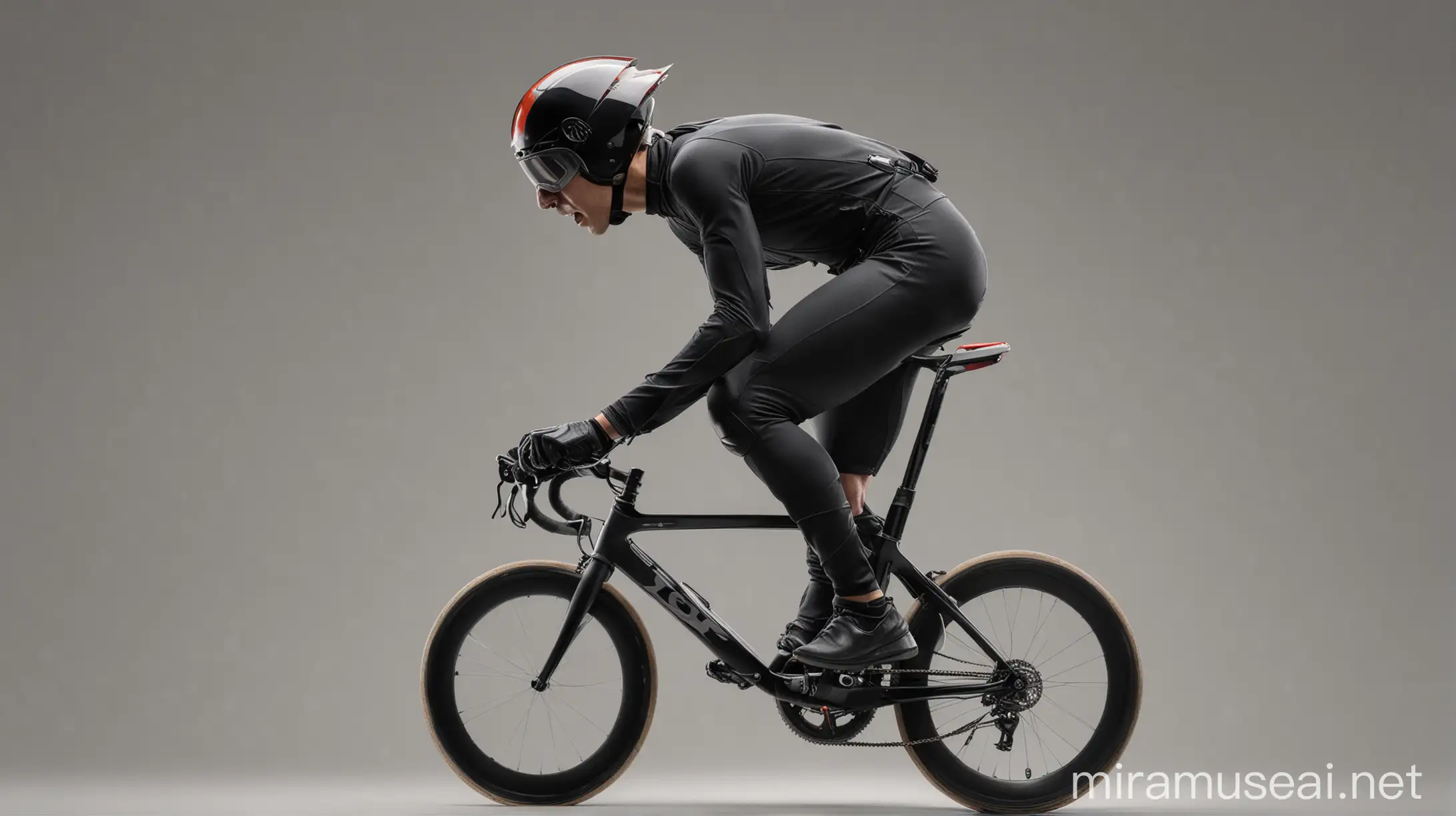 Ciclista de velocidad con traje negro, casco y lentes. Vista lateral. Sin fondo.