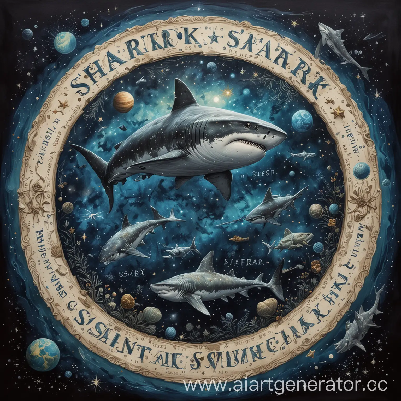 космос на фоне , в середине надпись Starry Depths в морском стиле, справа от надписи акула которая ест планету, а слева планеты