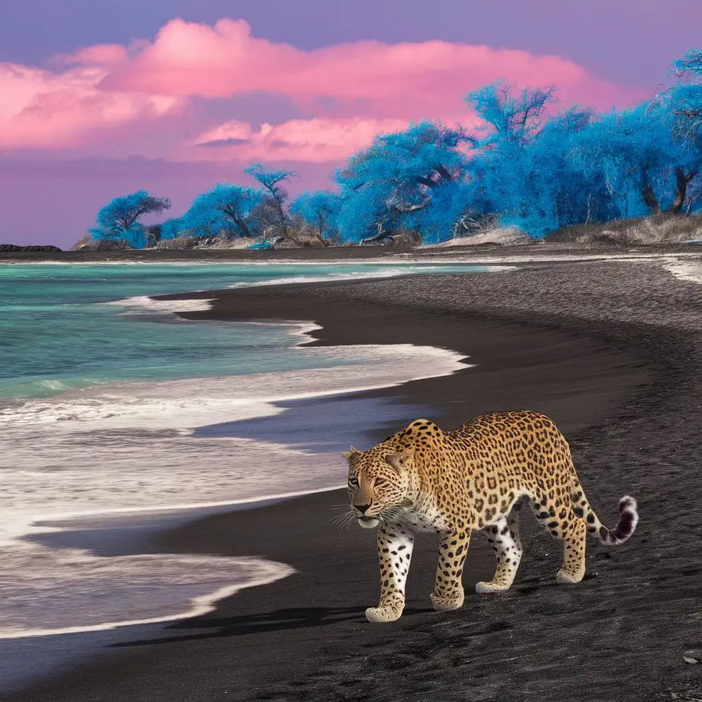 The beach with shiny black sand and the sea with clear waters and the sky with a pink sunset and blue trees and a leopard walking on this beautiful beach.