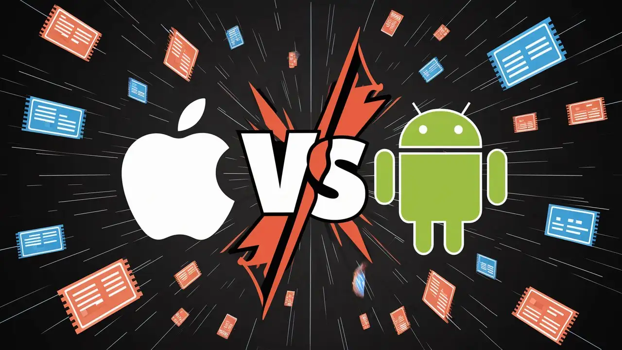 Create an image with the iOS logo on the left, a "vs" in the middle separating the image and an Android logo on the right. In the background, data packets should be visible on both sides, flying away.