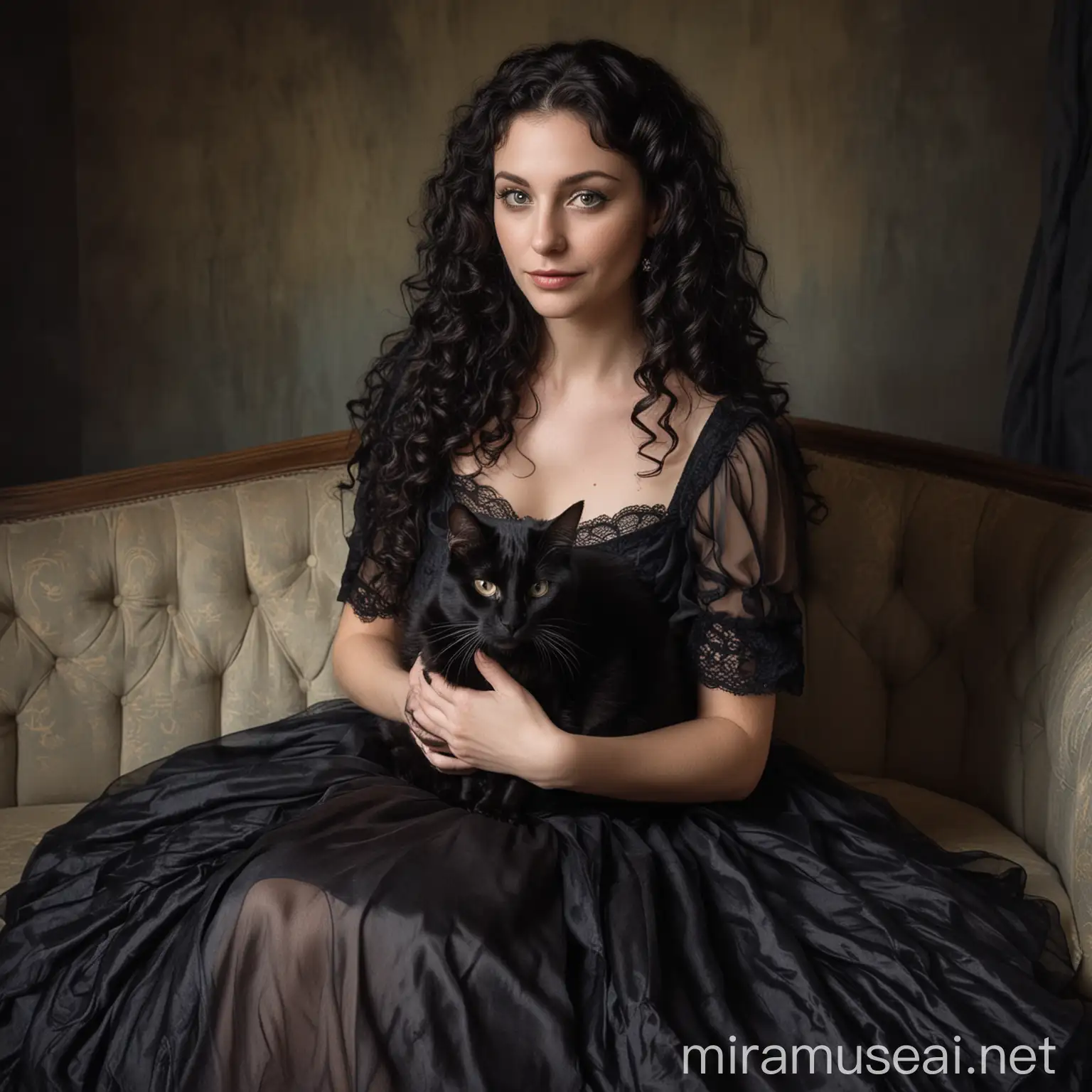 Tridesetogodišnja žena, duge crne i kovrčave kose, svijetle puti, tamna šminka, u haljini, u krilu joj sjedi crni mačak