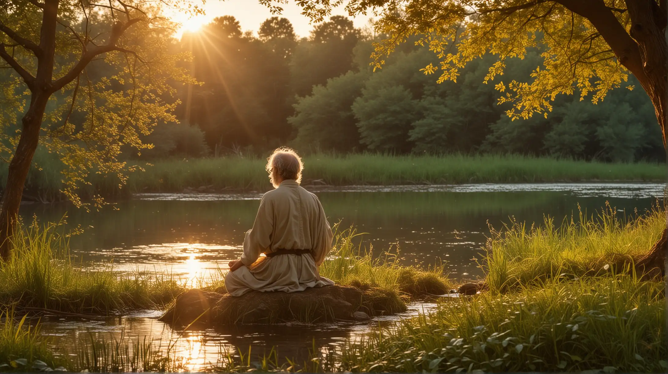 General Visualization: Create an image of a stoic philosopher meditating by a tranquil river, with the golden glow of the setting sun casting a warm light over the scene.
Image Description: In the image, a stoic philosopher sits cross-legged on the grassy bank of a gently flowing river. His eyes are closed in deep concentration, as he practices mindfulness and introspection. The soft hues of the evening sky and the gentle rustle of leaves create a peaceful atmosphere conducive to reflection and inner peace.