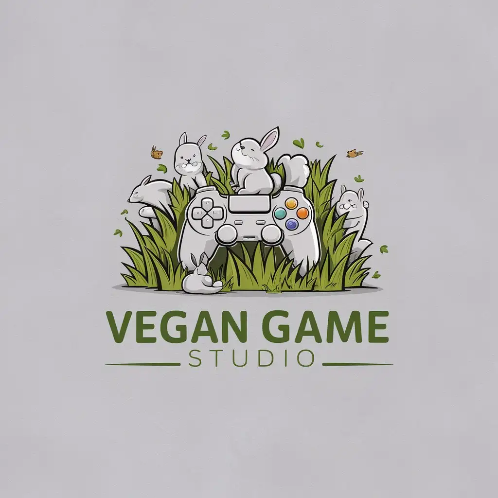 a logo design,with the text "Vegan Game Studio", main symbol:A game controller sitting in grass, with some small cute animals in the background,Moderate,be used in Entertainment industry,clear background