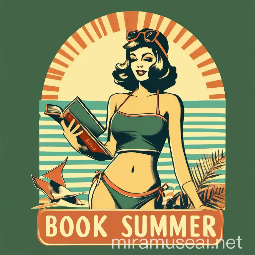 Theme shirt design: Book Girl Summer. Retro style design. Woman wearing retro style bikini and holding a book