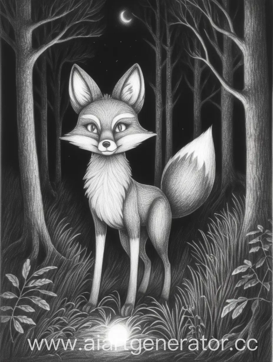 лиса в ночном лесу. нарисовано карандашом 