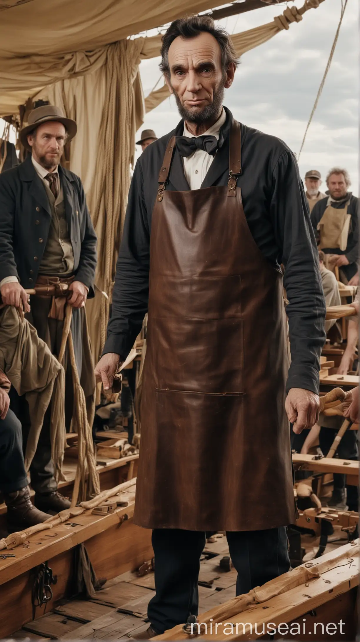 abraham lincoln wearing a leather apron on a boat filled with woodworkers in a scene that looks like washington crossing the delaware