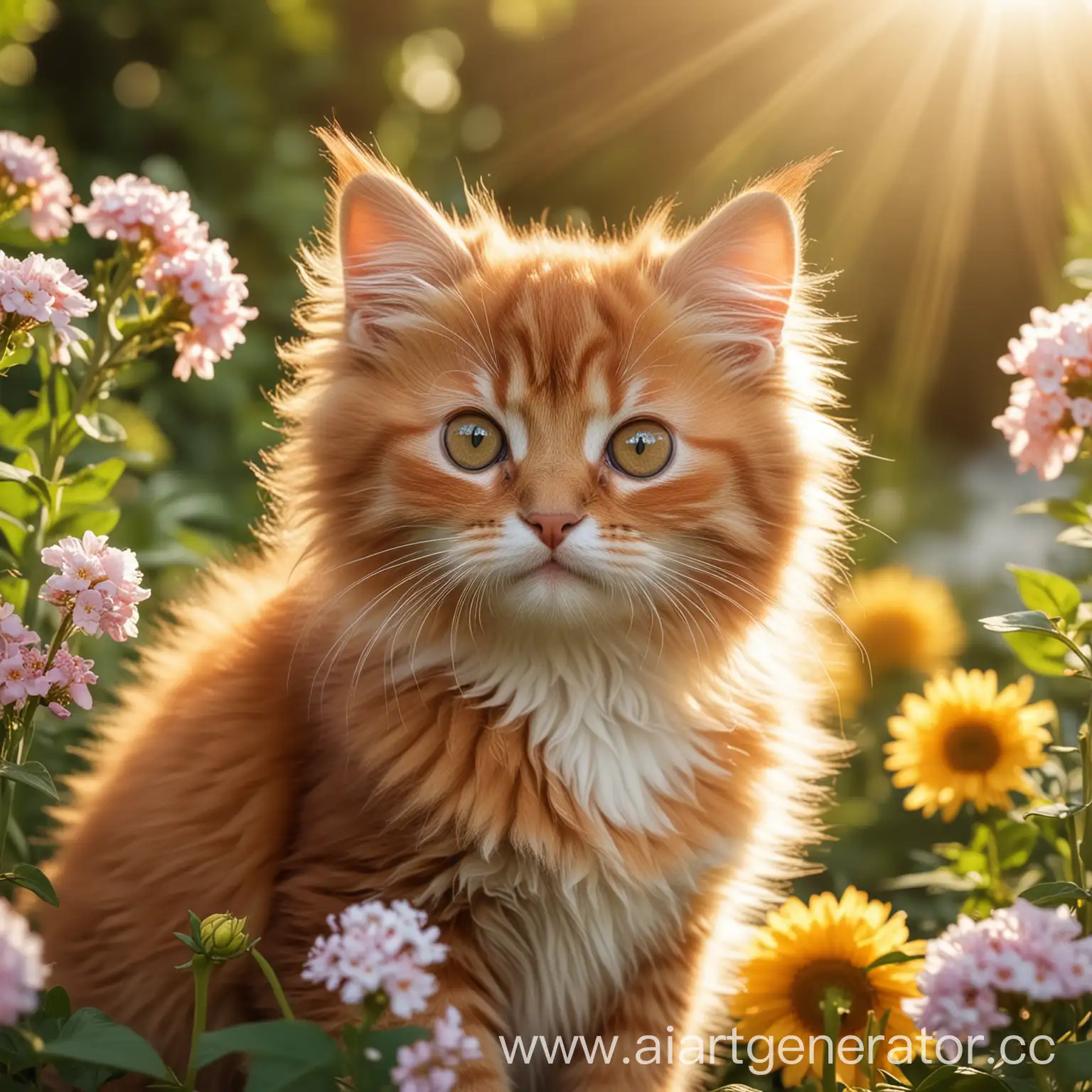 красивый милый пушистый котенок рыжий с большими глазами, пухлый, цветы, лучи солнца