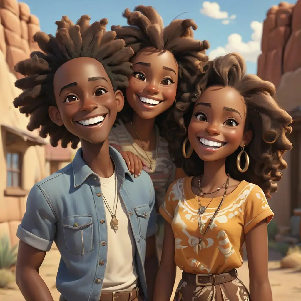 Joyful African American Cartoon Characters in Vibrant New Mexico Setting