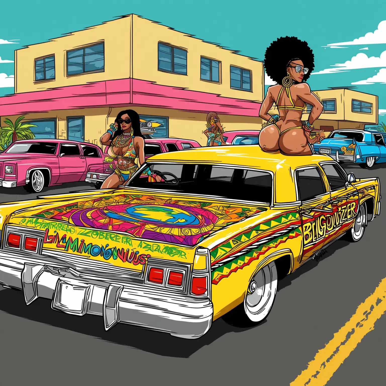 Jamaican illustrator Wilfred Limonious style art, African american big booty, lowrider car, major lazer