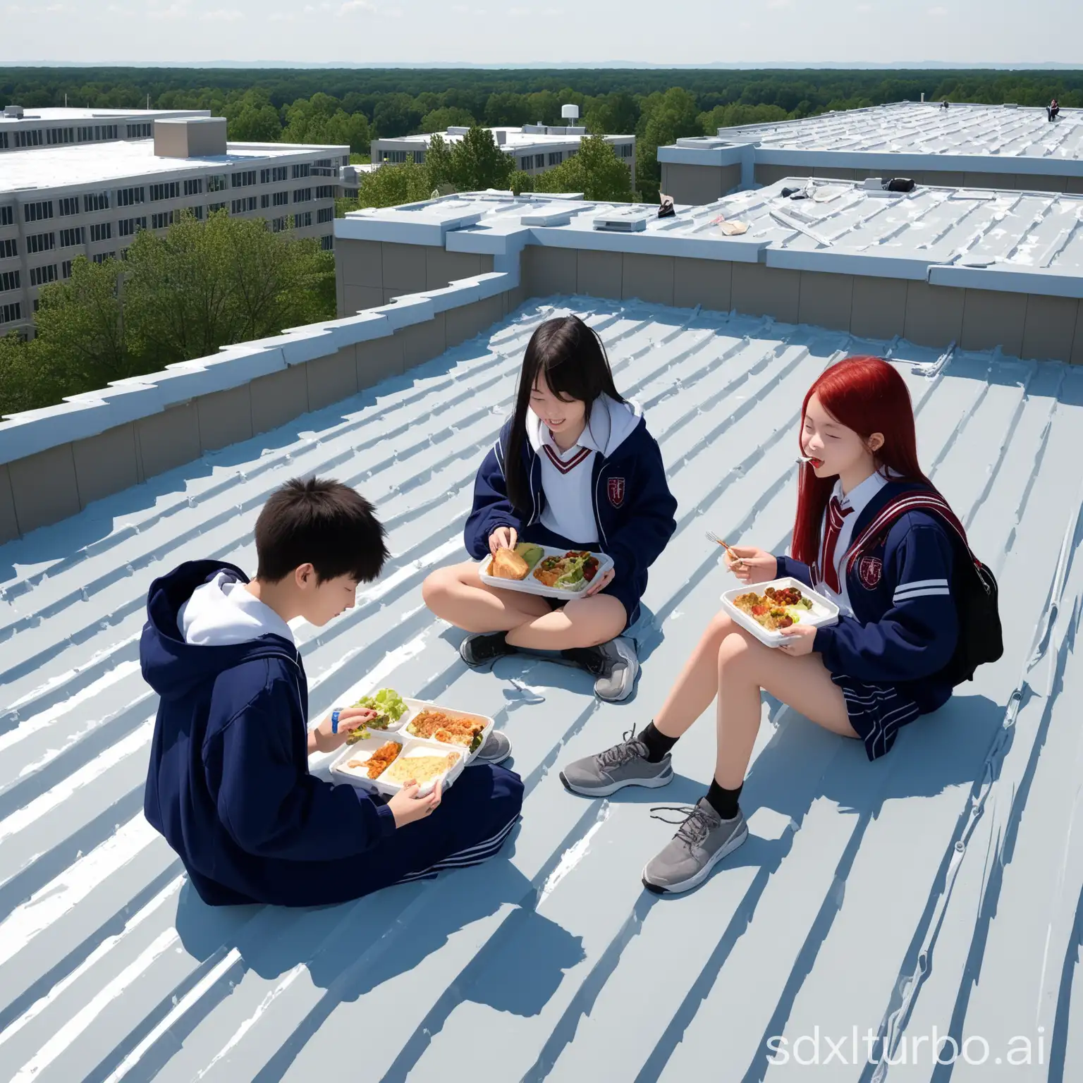 三個學生在高中教學樓頂吃便當