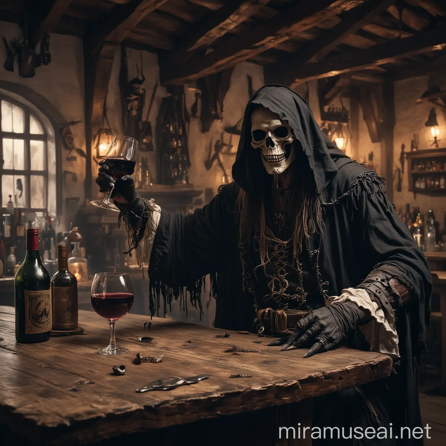 Medieval Tavern Scene with Grim Reaper and Pirate Drinking Wine