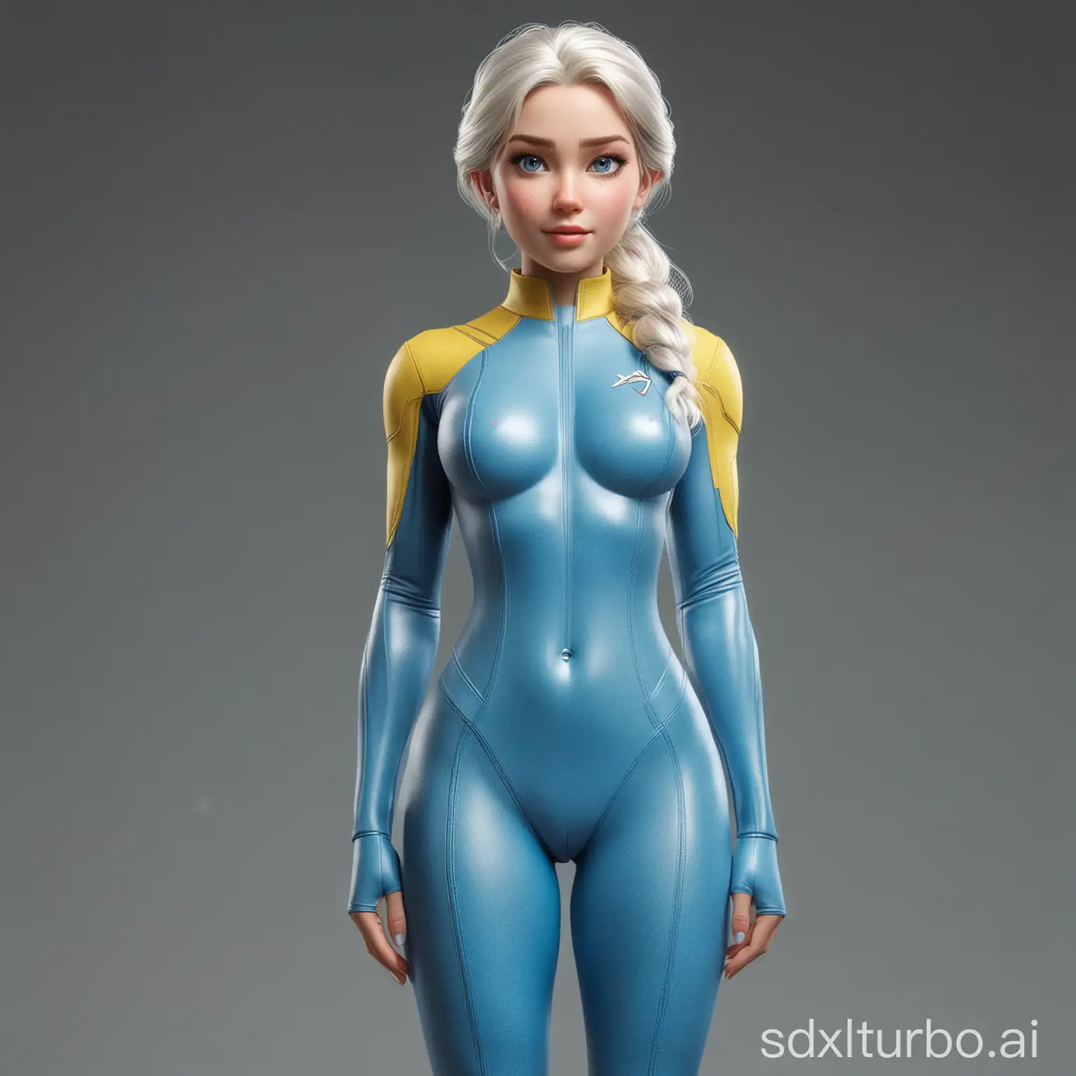 realistic Elsa (full body)fallout  with thick fit body, X-Men tight uniform, small shoulders, big ass, freckleless on face with blue and yellow suit, sexy lips and white hair big tits tall sexy woman long muscular legs . frontal pose young baby face with cristal blue eyes. pear chaped body. bottom part of the body really really  wider and  top part of the body smaller.