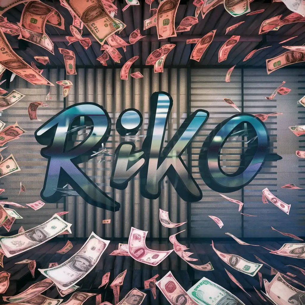flying banknotes and inscription on riko background