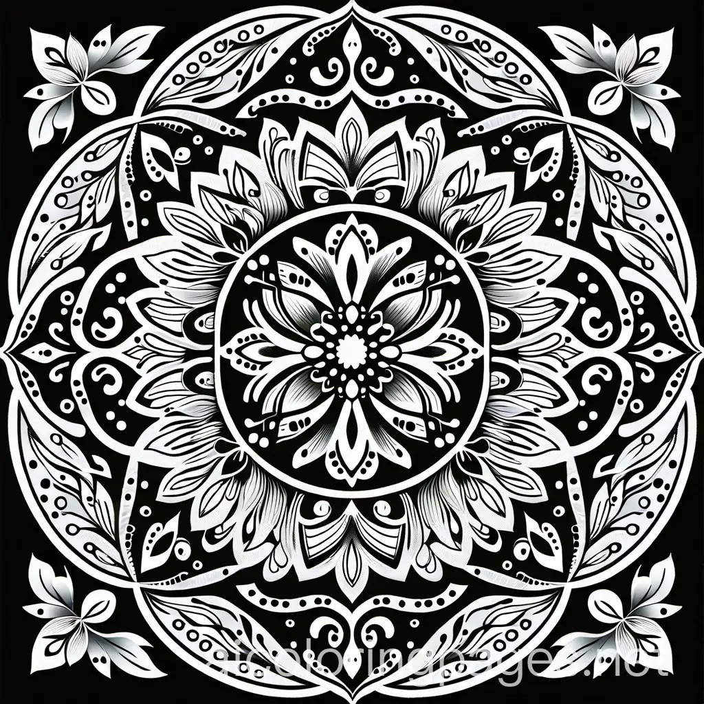 "Elegant mandala patterns intertwined with delicate floral motifs, radiating sophistication.", Coloring Page, black and white, line art, white background, Simplicity, Ample White Space. The background of the coloring page is plain white to make it easy for young children to color within the lines. The outlines of all the subjects are easy to distinguish, making it simple for kids to color without too much difficulty