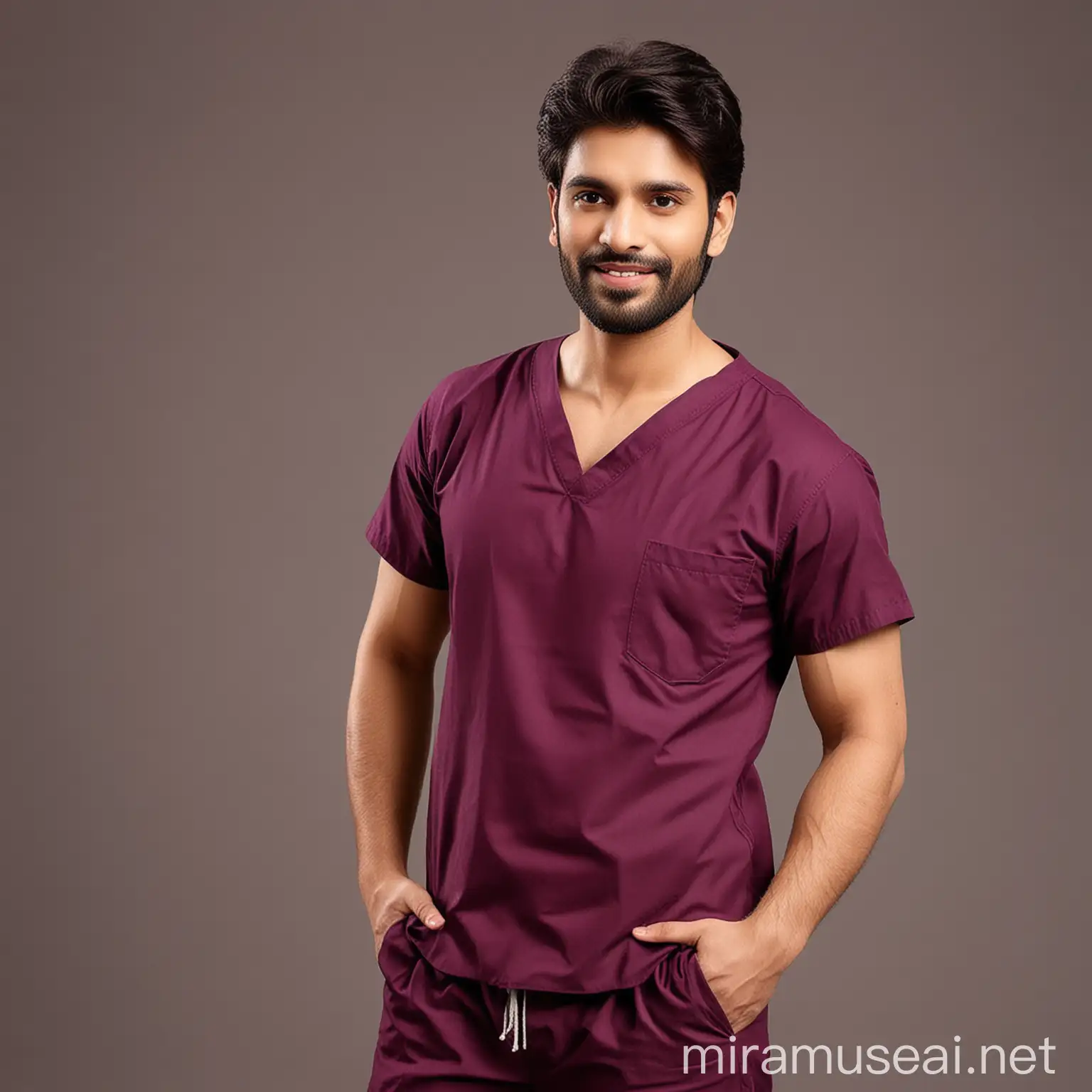 generate doctor scrub set images, stylish with indian male model full images, wine color