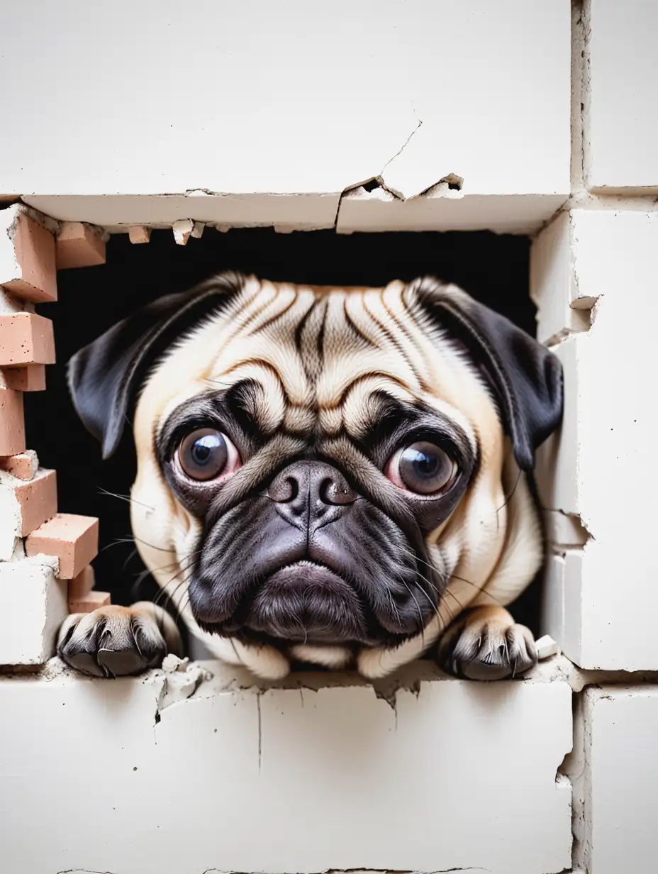 a Pug Dog looking through a hole in a white brick wall The jagged edge of the hole reveals broken bricks behind the surface. The dog had its head sticking out. Capture moments of curiosity or fun.