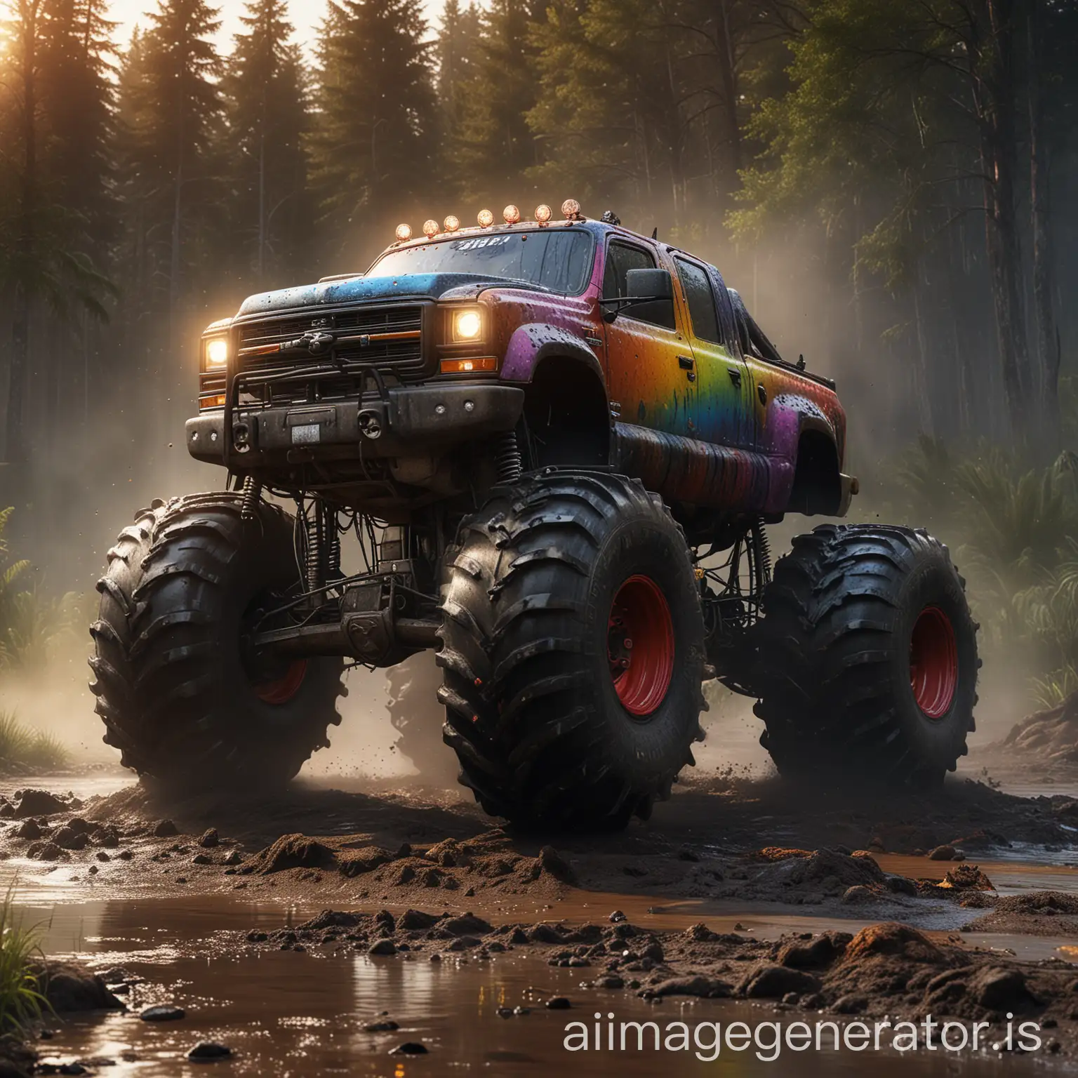 Monster Truck Creature, Dichter Wald, Schlamm, Wassertropfen, Regenbogen, Abgase, Dreck, Sonnenuntergang, reflektierende lichter, hochauflösend, perfekte Qualität, Ultra realistisch, echte Fotografie