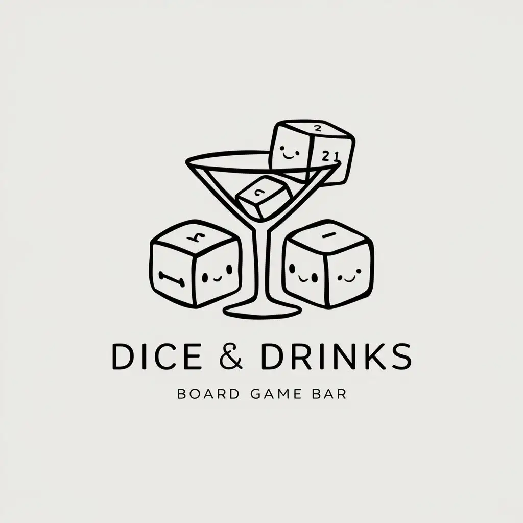 Do a logo for a Board Game bar named: Dice & Drinks
The logo should be minimal and elegant, it should convey that you can drink and play board games here.
In the logo there could be a cocktail glass with ice and the ice could be playing dice
Cartoon