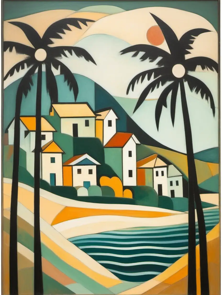 a cubist painting of a very simple tropical landscape with palm trees on the beach, ocean, and 3 houses on the hill, in the style of Picasso, utilizing faded pastel colors, full frontal perspective