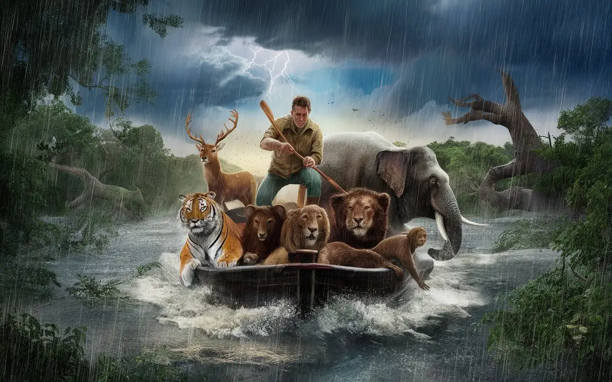 man is  rescuing  a tiger , deer , lion, beer, elephant , monkey in side a boat from a flood in side a dense forest  thunderstrom & rain in backround 