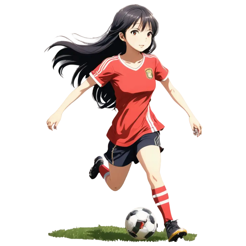 Adorable-Anime-Style-PNG-Girl-Playing-Football-in-Red-Shirt-with-Gold-Stripes