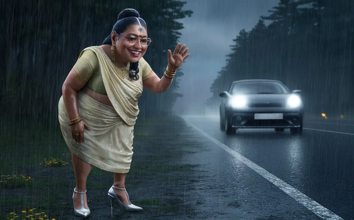 Elderly-Indian-Housewife-Standing-on-Rainy-Forest-Highway
