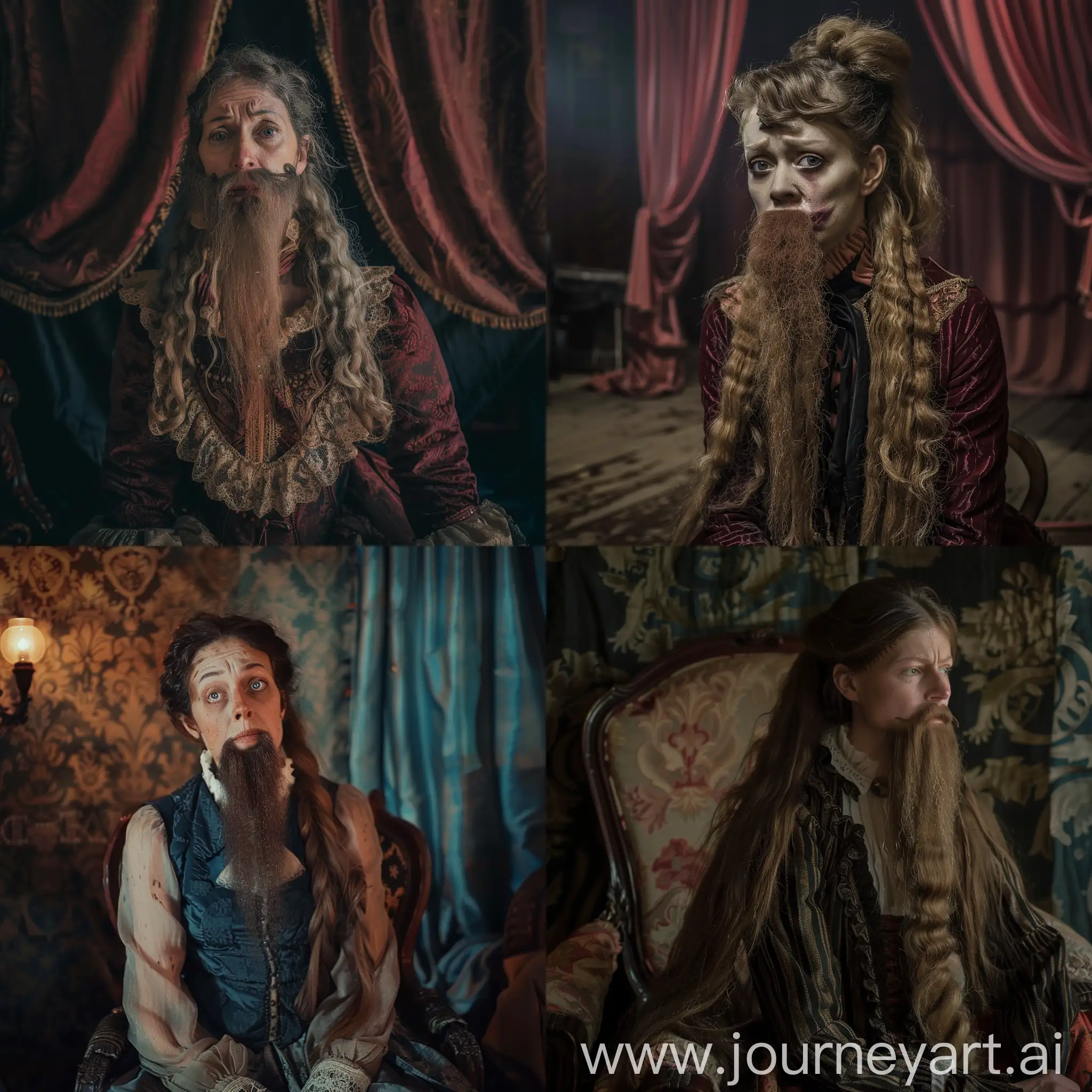 Woman with long beard, depicted in 1800's clothes, exhibited in circus, freak, she seems sad, 1800's fashion, cinematic lighting