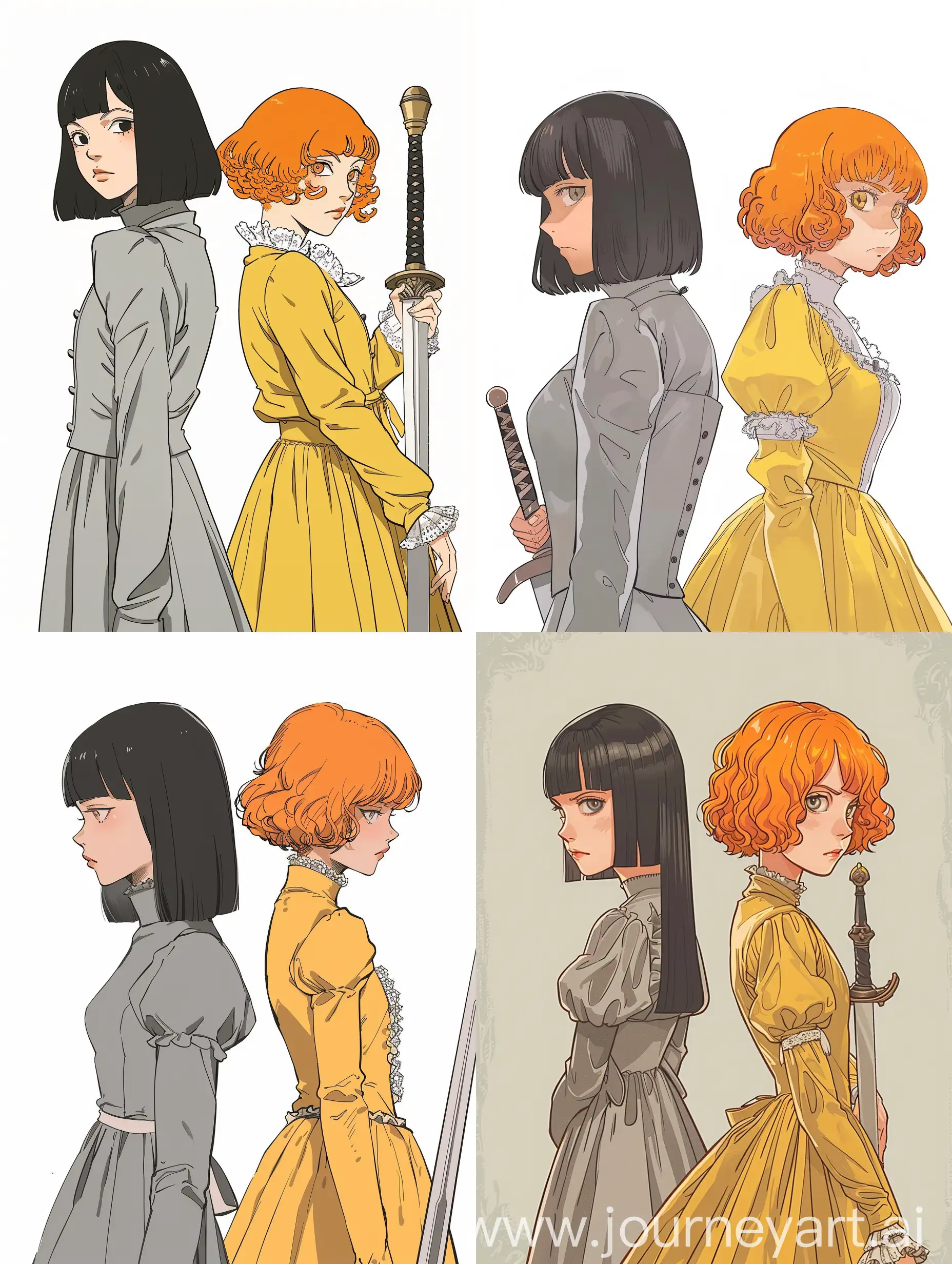 Two girls are standing with their backs to each other. slevo has straight black hair with straight bangs. the dress of Victorian England is gray. On the right, a girl is slightly taller, with short orange hair that curls. She is dressed in a yellow Victorian dress, and in her hands is a sword. make it in the style of a Korean manhwa