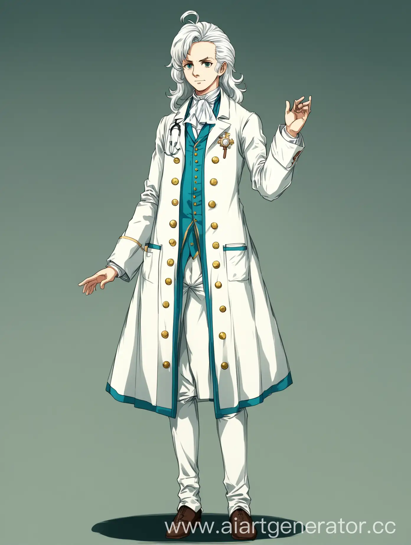 Аниме, девушка, в полный рост, врач, в медицинском халате, в стиле Франции 18 аека, с мятными и белыми цветами волос и золотыми глазами