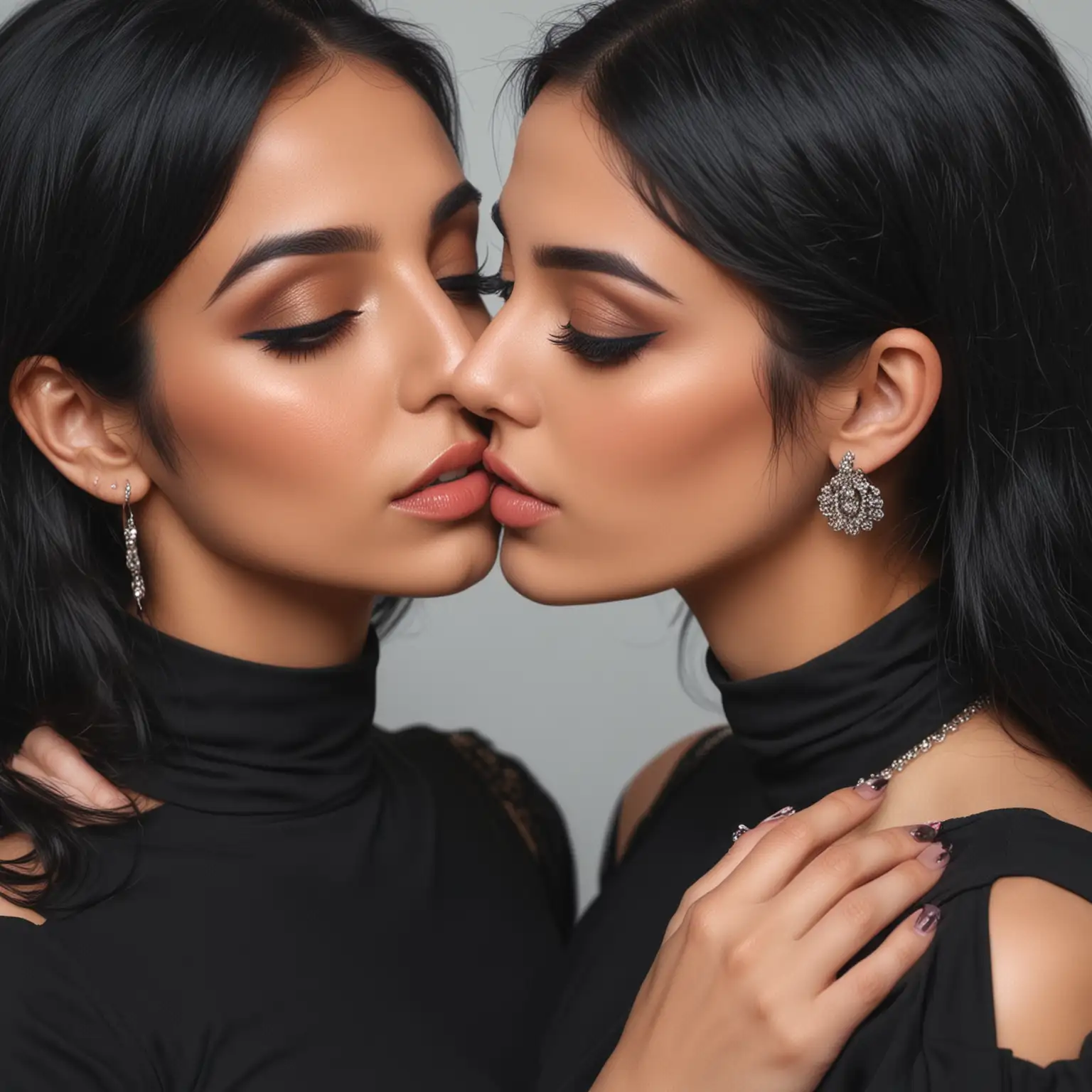 Iranian two hot girls, best makeup, wearing black dress, black hair, (neck and shoulder kissing), ultra realistic, portrait picture in 4k resolution