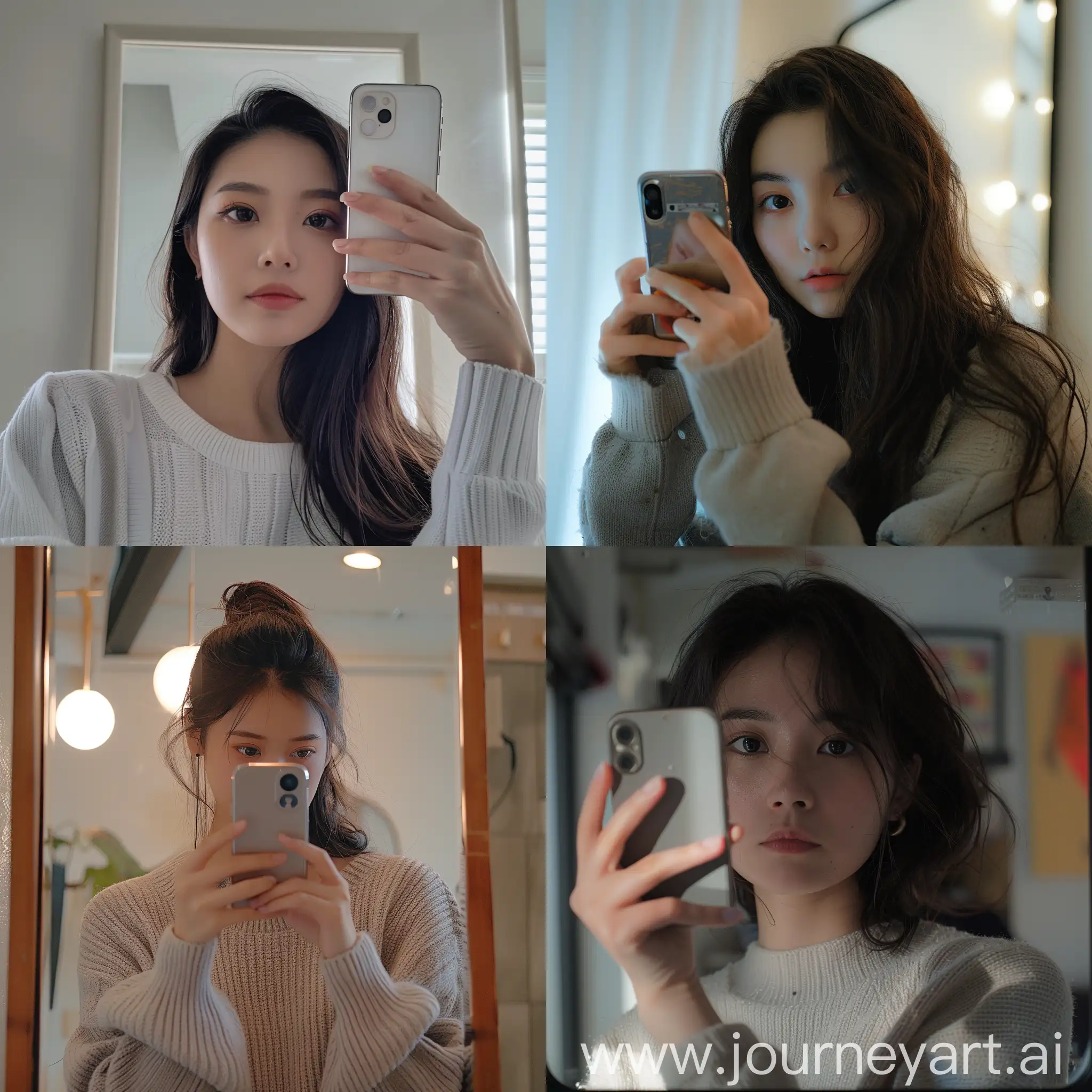 Realistic photo in which a girl of about 20 years of Asian appearance takes a photo in the mirror from her phone Tik Tok style