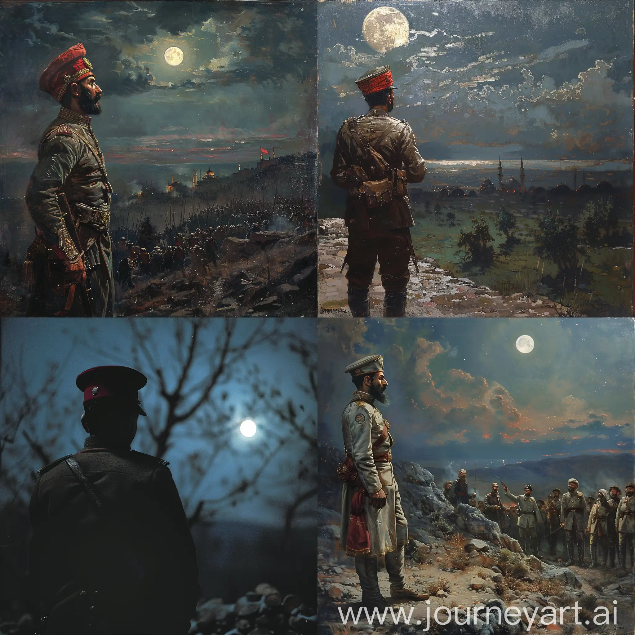 A Turkish officer looks at the bright moonlight in the sky during the War of Independence.