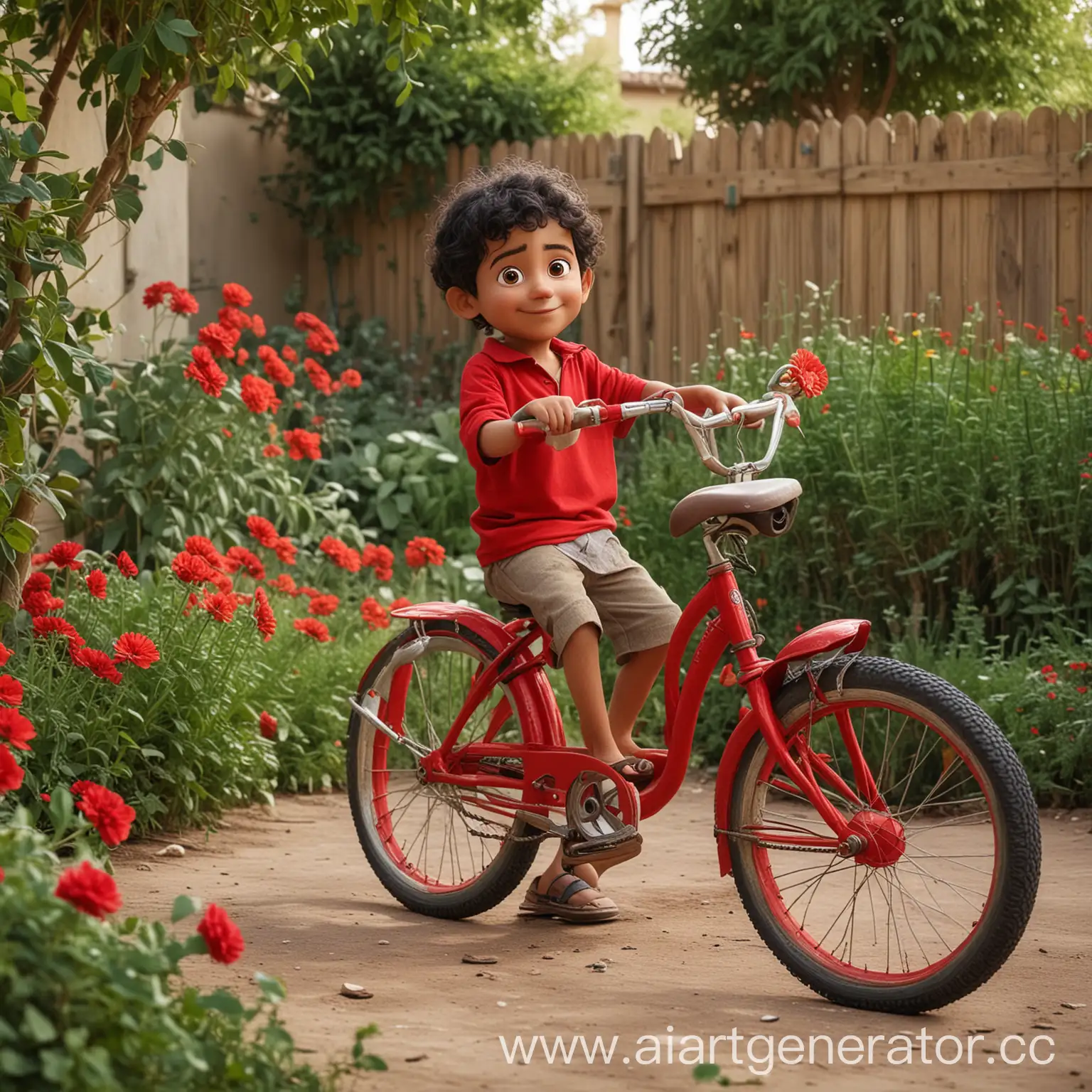 Young-Arabic-Boy-with-Red-Bicycle-in-a-Lush-Backyard-Garden-Illustrated-in-Pixar-Style